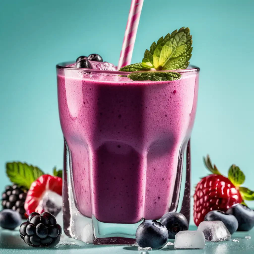 berry smoothie, mint leaves, ice cubes on top