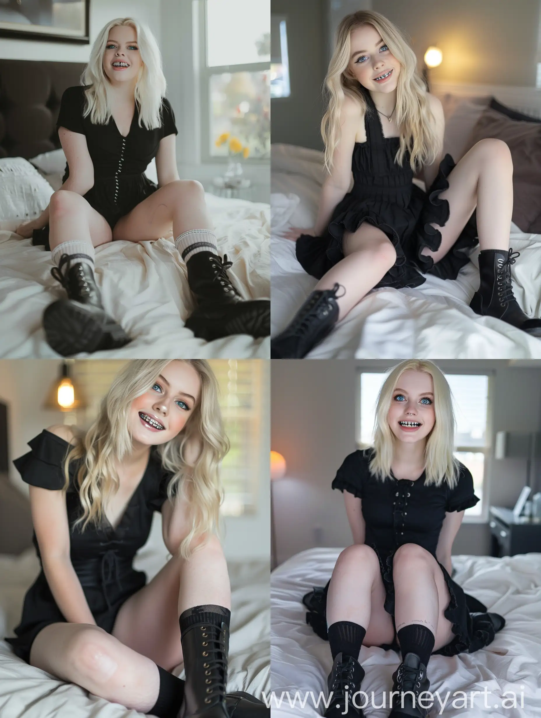 a blonde young woman, 20 years old,  influencer, beauty, black dress,  makeup,, ,, black boots, ,sitting, , thick legs, socks and boots, 4k, lying  on bed, dental braces,  blue eye, glass,
 , fat legs, , smiling, close up,  front view