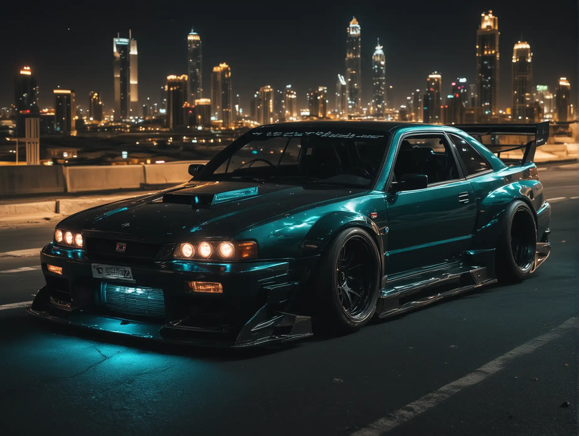 Create japanese drifting cars from dark angel, evil tuning type, Downhill in the city of dubai drifting at night rear view from high far away,  car color dark black, dark turquoise  and violent car lights.