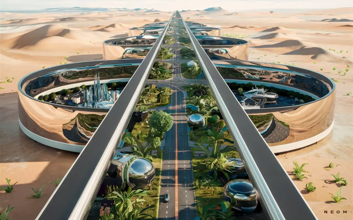 a very real image of NEOM the line close view just slightly above the enclosed mirrored lines, showcasing what's in between the two lines, such as cities, roads, plants etc. and extending towards the very end, in the desert