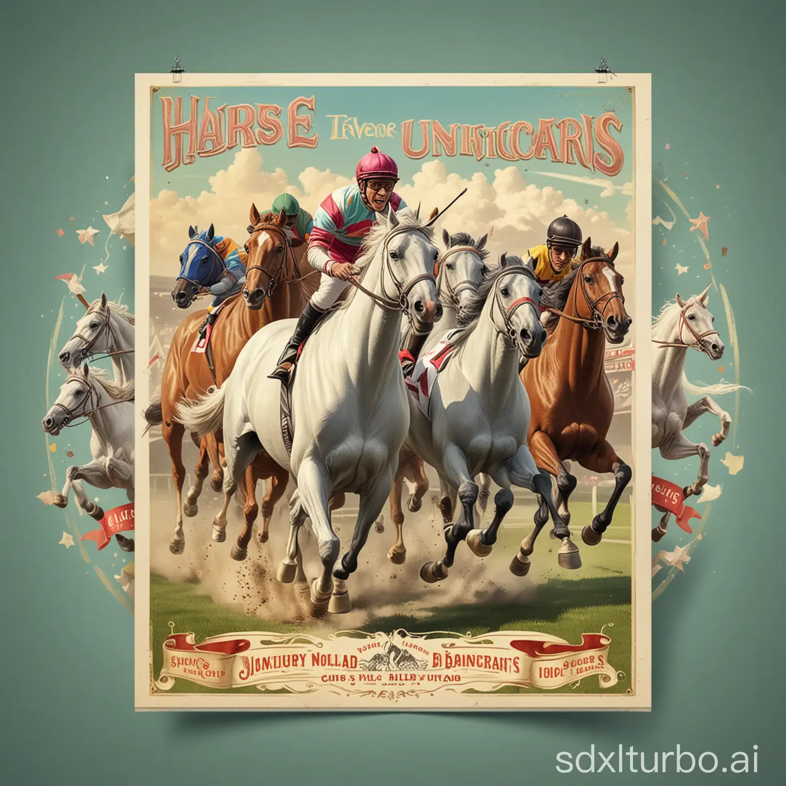Horse racing for unicorns as advertising flyer