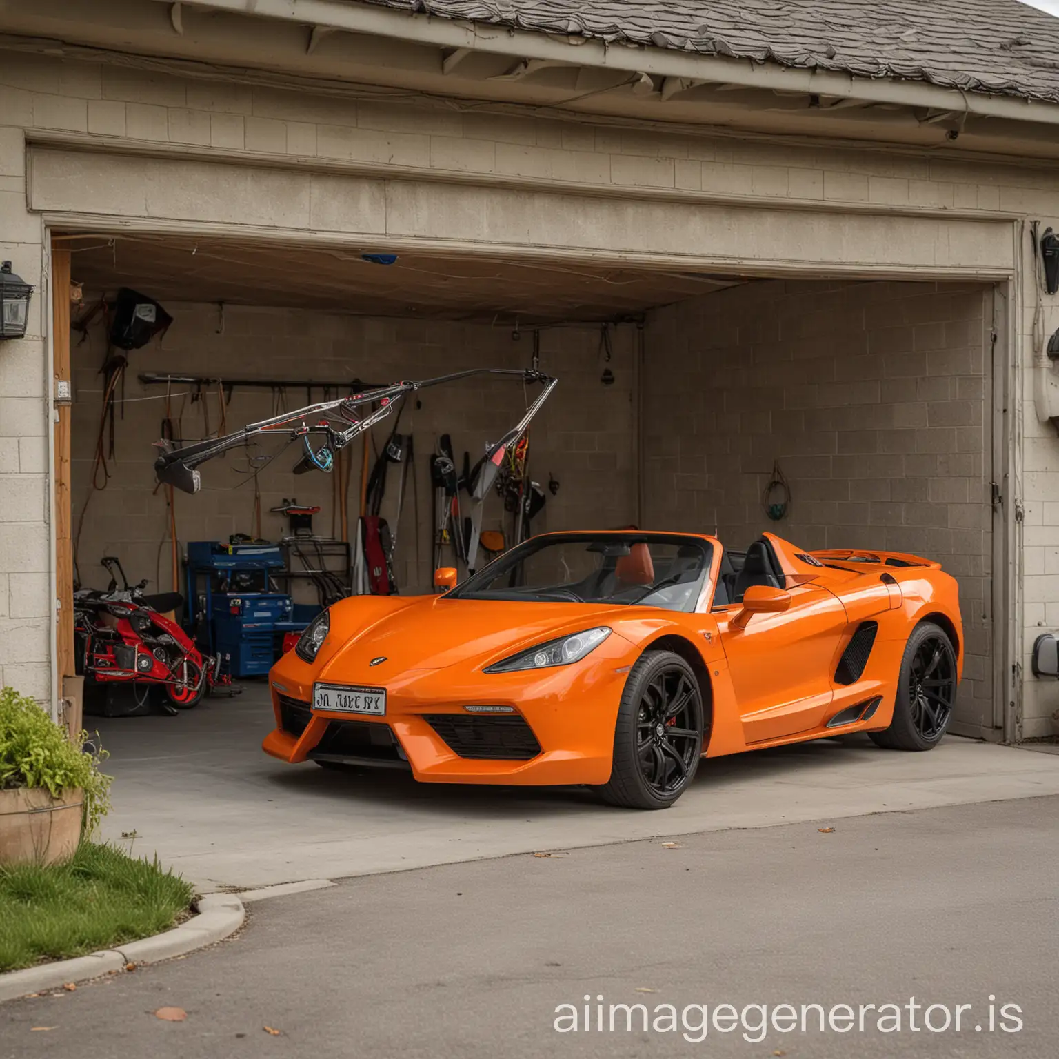 a garage with a slingshot car in it