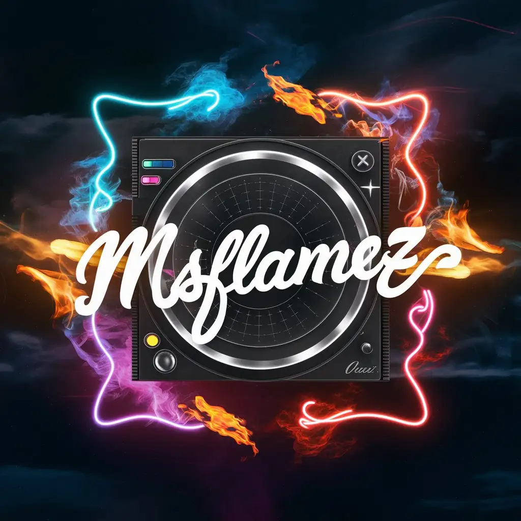 logo design,with the text 'DJ MsFlamez', main symbol:dj controller,hippie, dj background,fire,blue,pink,red,purple,neon, dark fire sky,cursive,sexy,complex,clear background