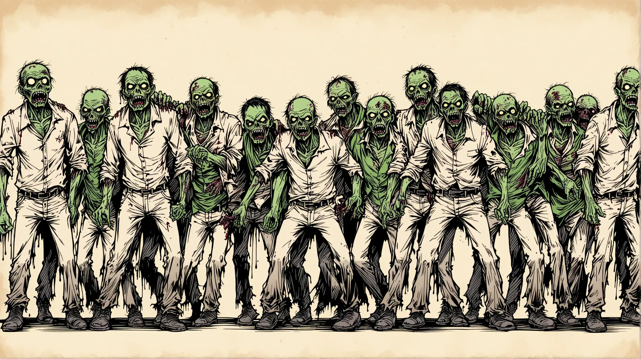 8 zombies, thick black line, Hand Drawn
