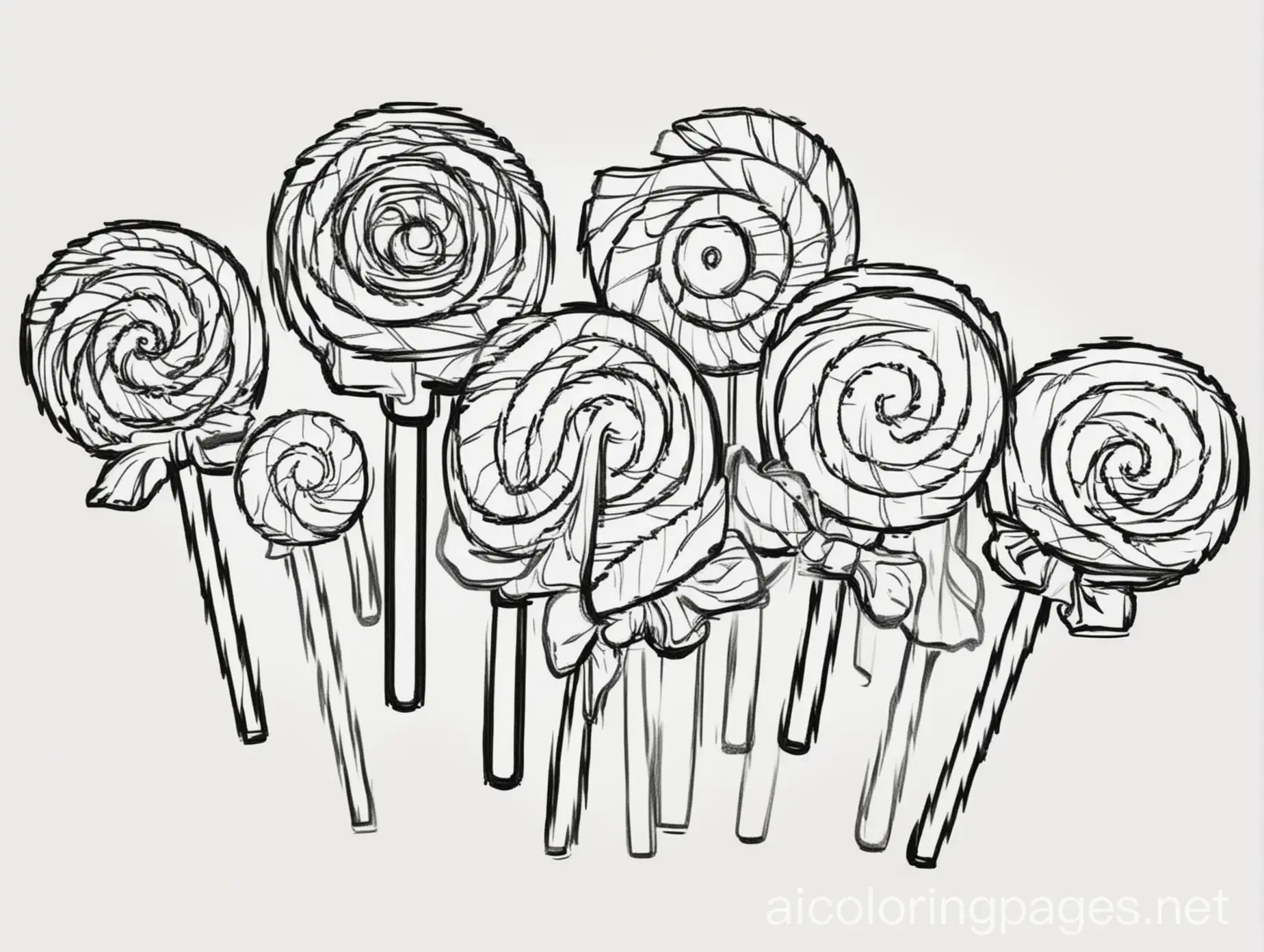 cartoon outlined only 
in black line of An assortment of candies like lollipops, wrapped candies, and gummies., Coloring Page, black and white, line art, white background, Simplicity, Ample White Space. The background of the coloring page is plain white to make it easy for young children to color within the lines. The outlines of all the subjects are easy to distinguish, making it simple for kids to color without too much difficulty
