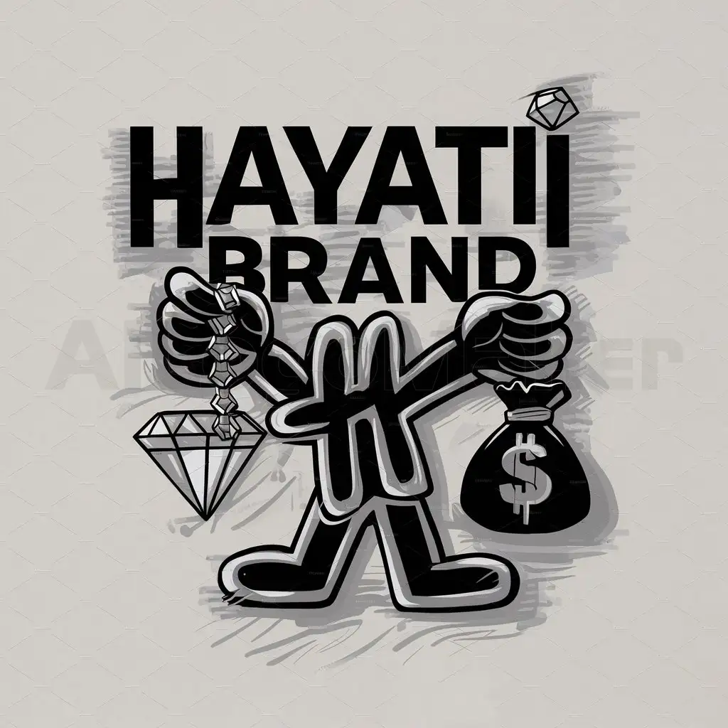 a logo design,with the text "HAYATI BRAND", main symbol:graffiti on a brick building with arms and legs holding a diamond chain in one hand and a money bag in the other,complex,clear background
