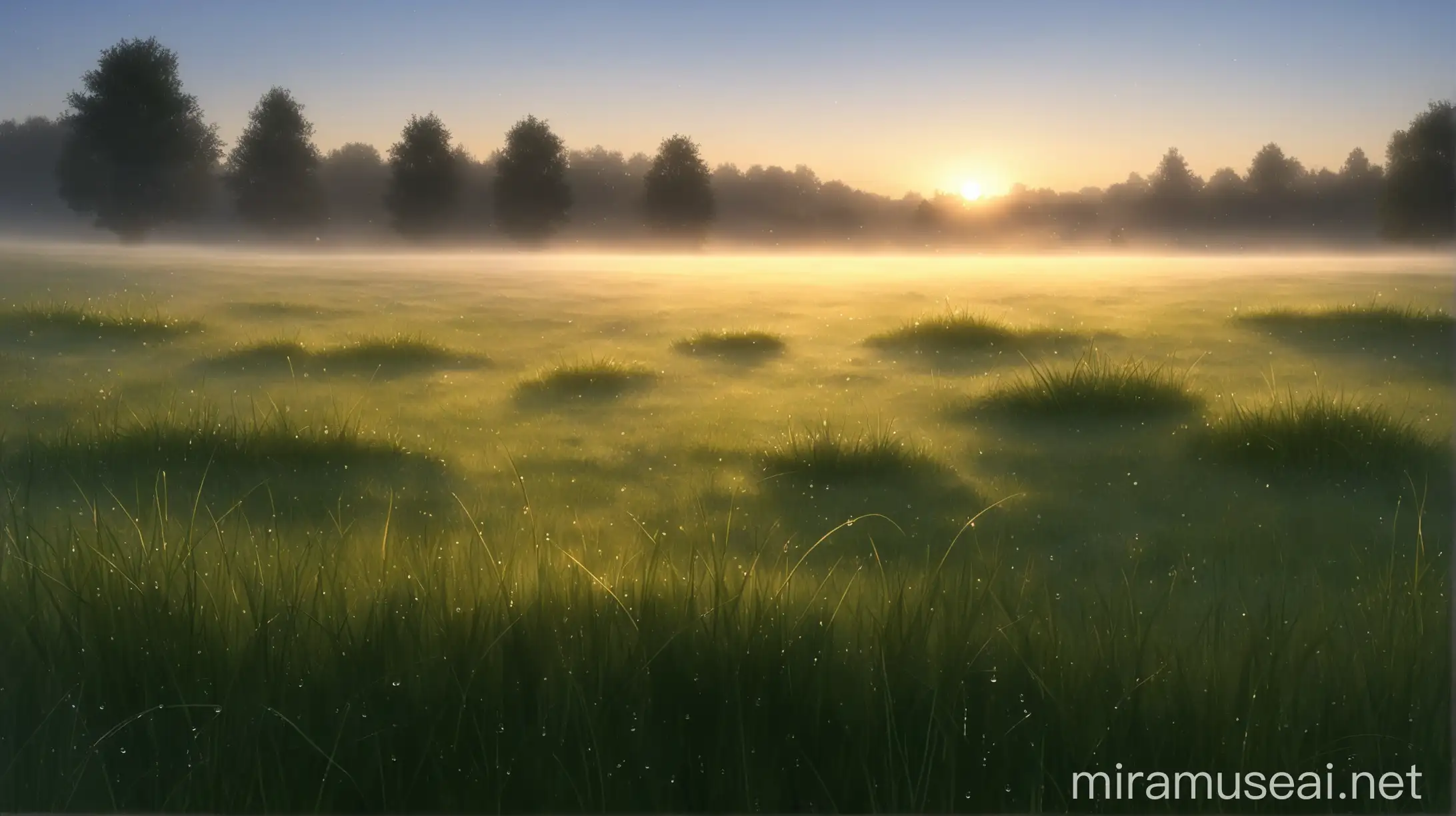 A peaceful meadow at dawn, with soft light illuminating dew on the grass.
