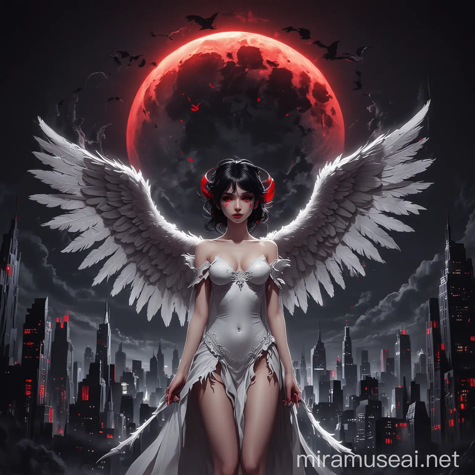 Ангел с крыльями дьявола, белый ангел, черный крылья, черные рога, красные глаза, фон большой ночной город, полнолуние, мультфильм анимация, 2D, минимализм