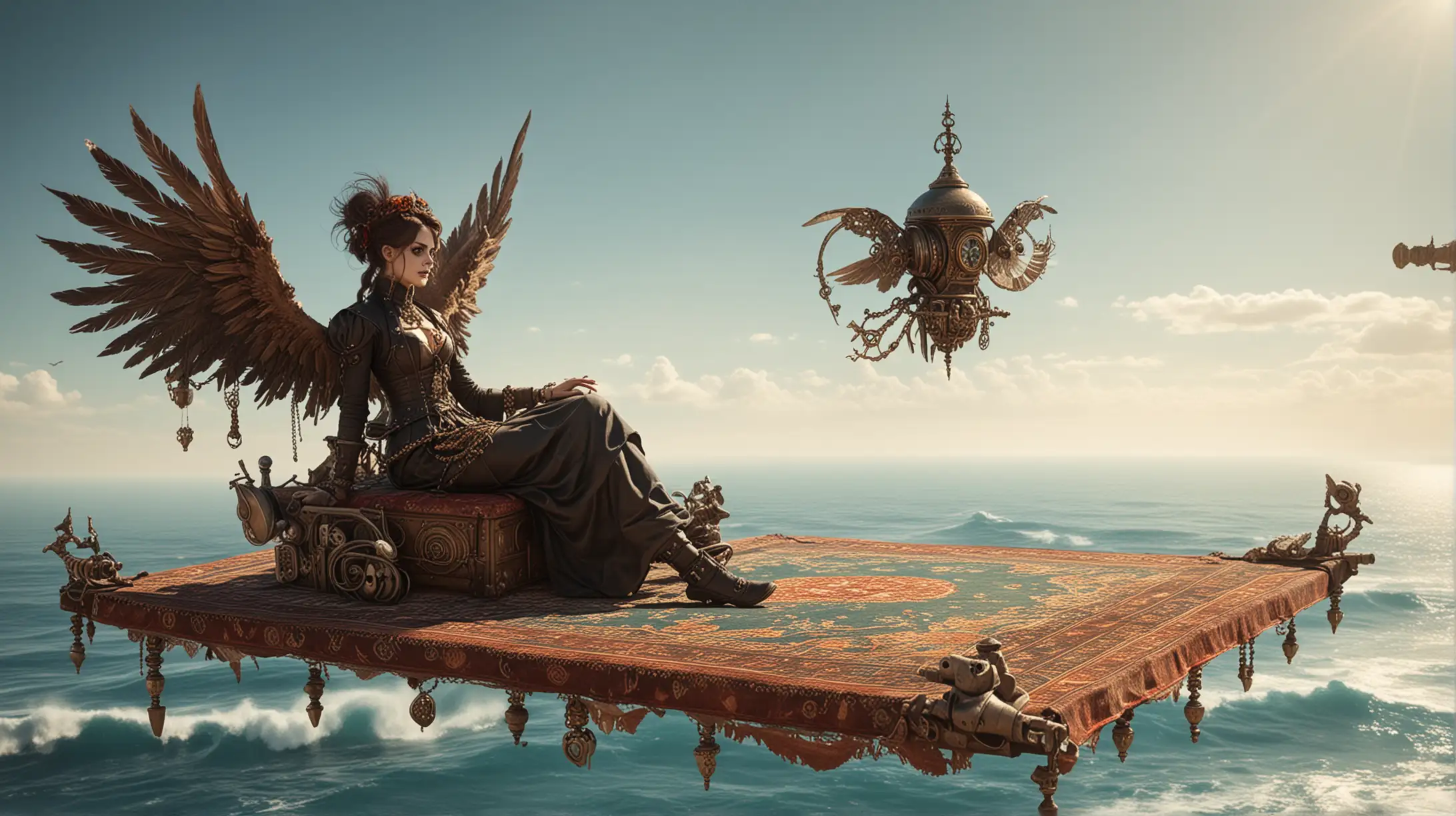 a steampunk necromancer sits on a magic carpet which flies over the sea, sunny