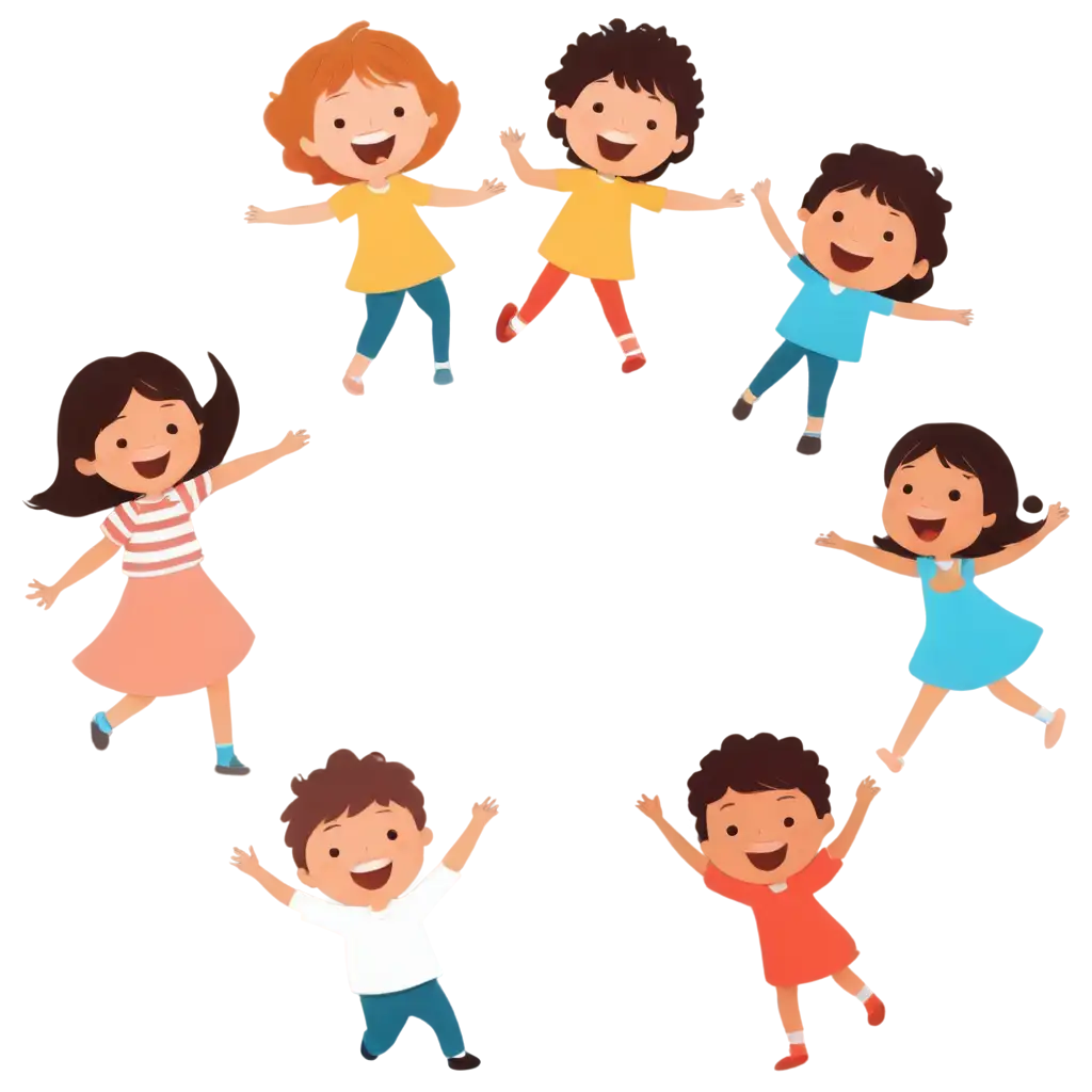 Five cute cartoon children holding hands make circle
