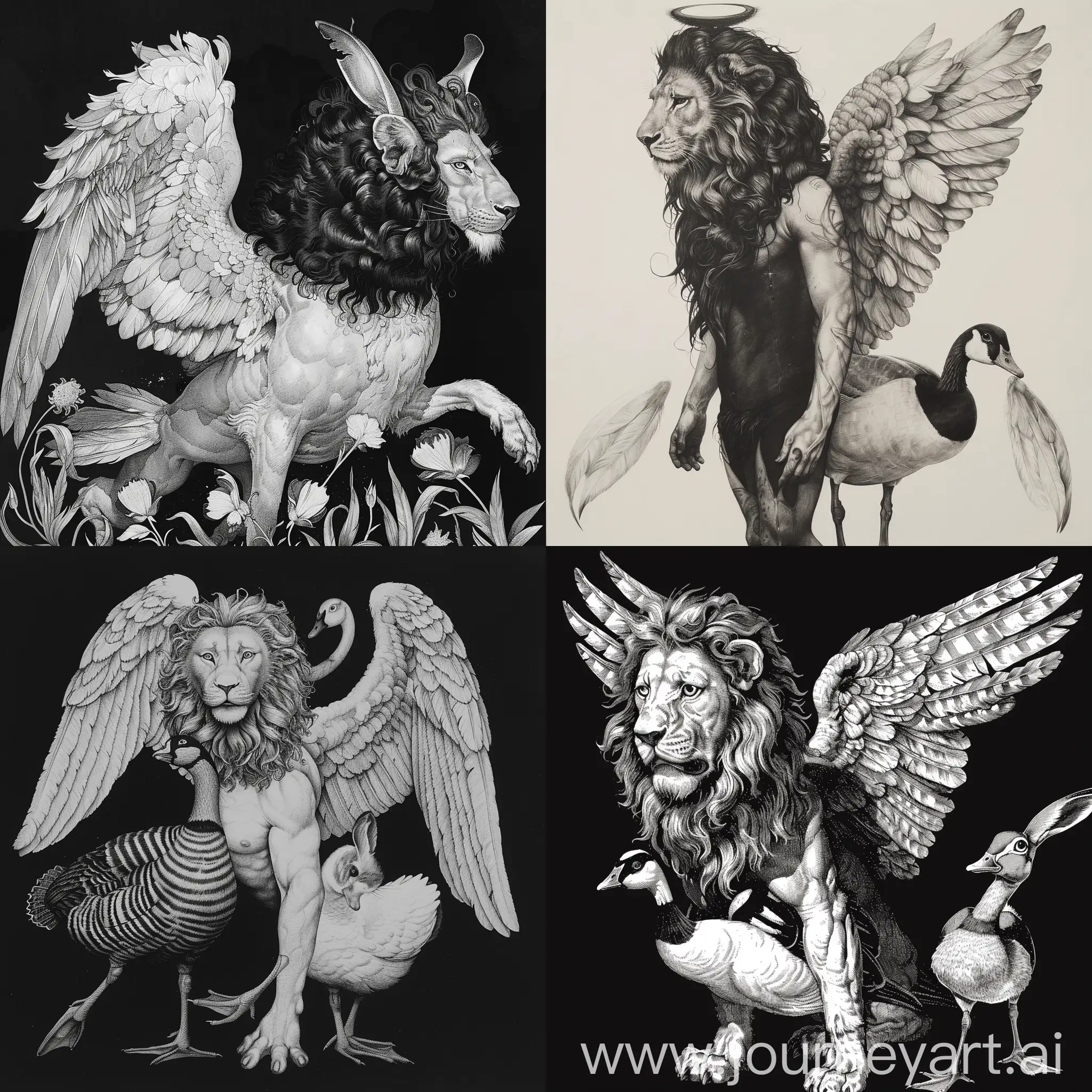  Black and white, an angel with the head of a lion, the legs of a goose and the tail of a hare.