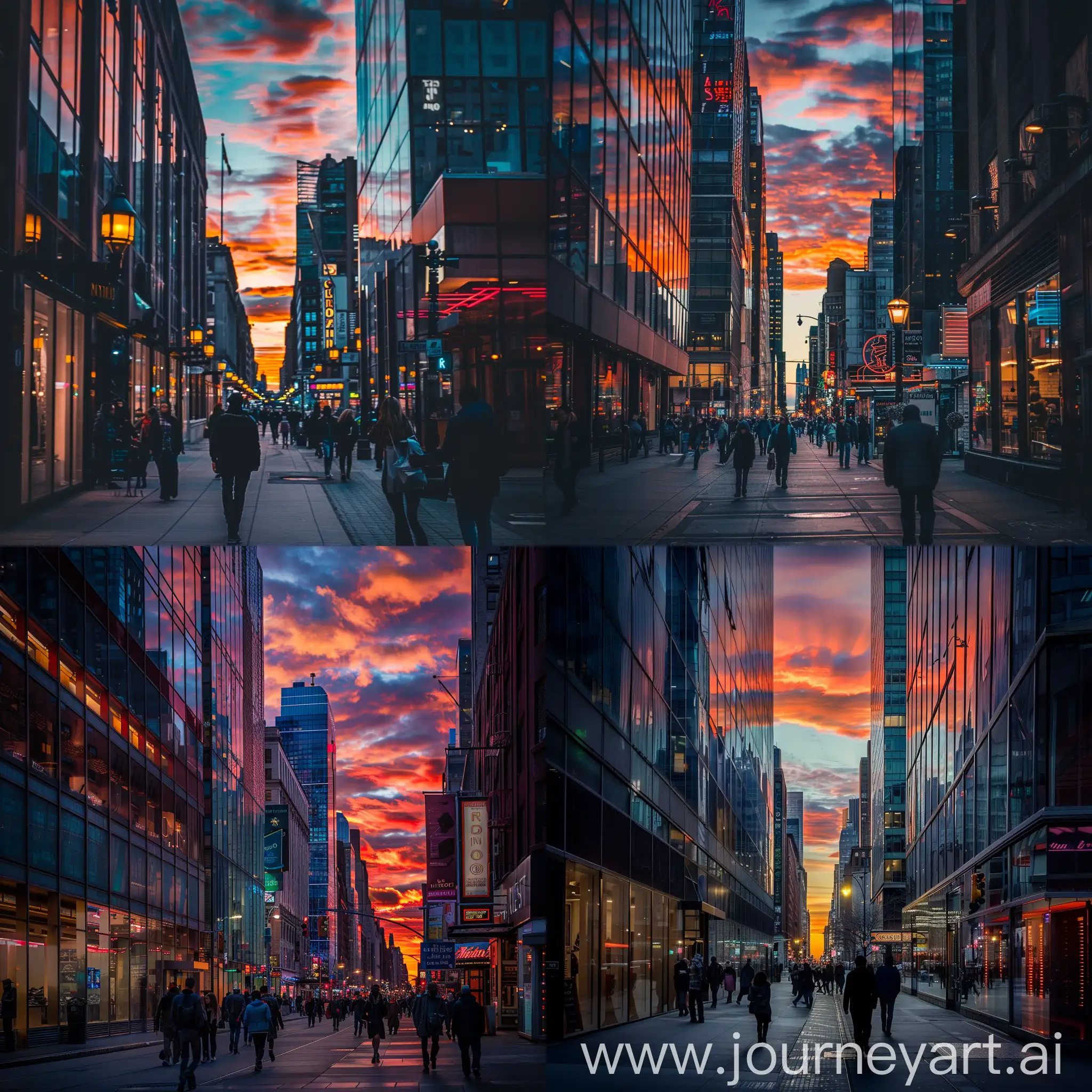 A captivating street photograph capturing a bustling city street at sunset. The sky is ablaze with hues of orange and pink, reflecting off the windows of tall buildings. People walk along the sidewalks, creating a sense of movement and life. Streetlights and neon signs start to glow, adding a warm ambiance to the scene. The composition highlights the energy and vibrancy of urban life. --ar 16:9 --v 5 --q 2 --style 4b