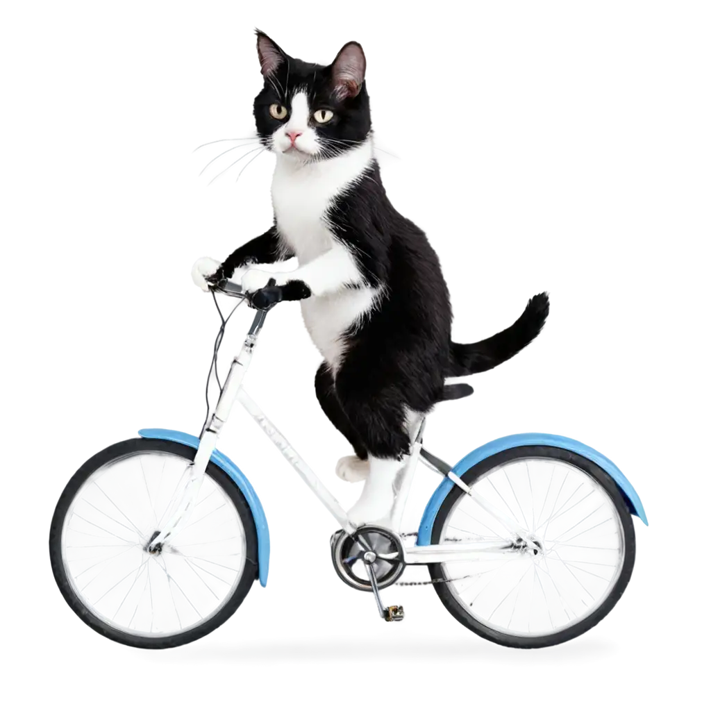 Um gato preto e branco andando de bicicleta