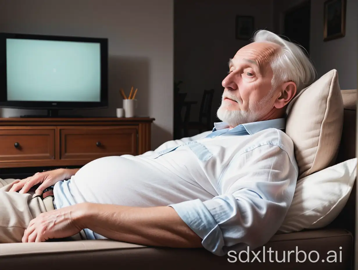 一个白人老头躺着看电视