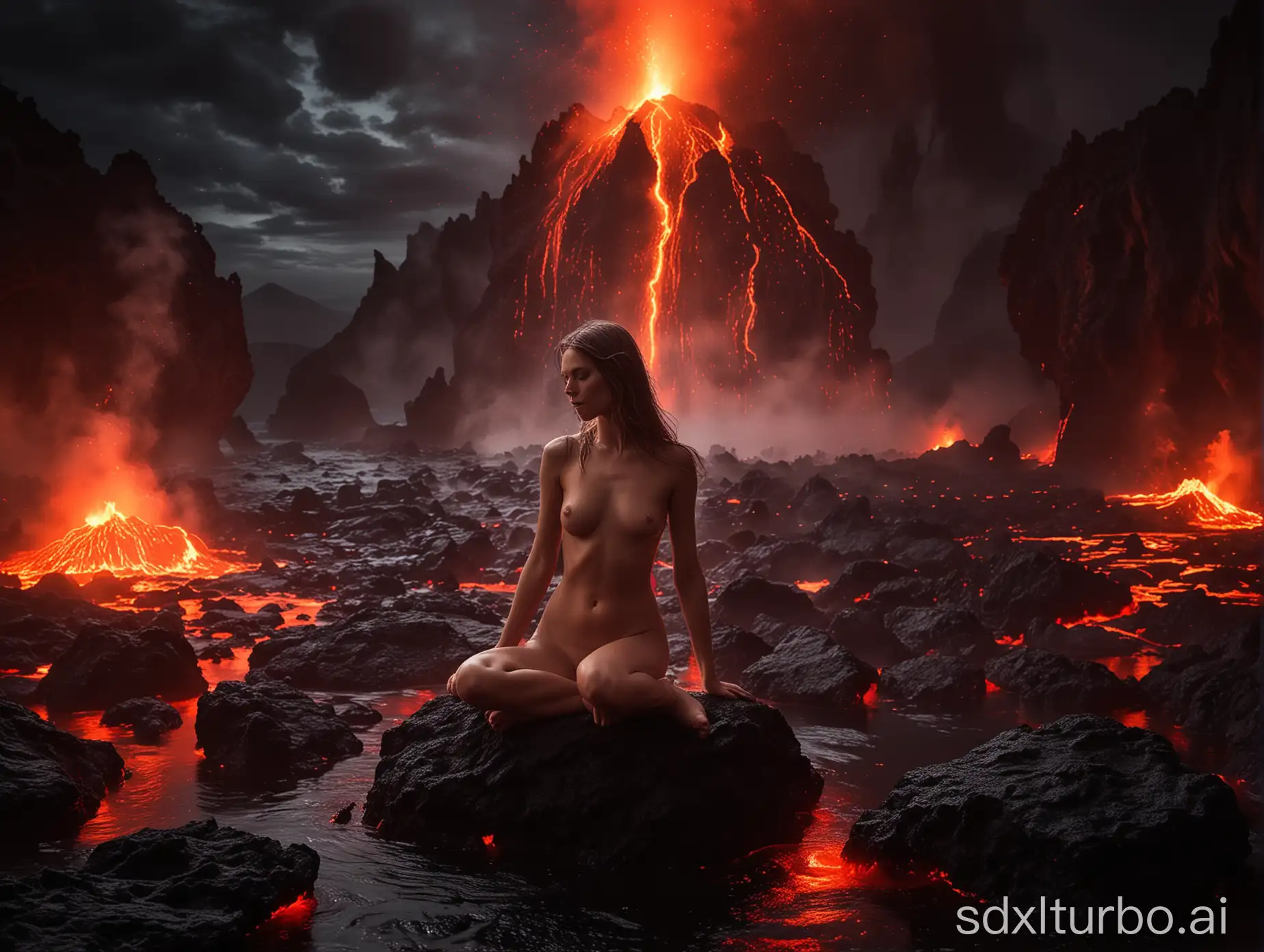 naked female model sitting on black rock, surrounded by sea of floating glowing lava. Night, ethereal grace in a black and red. Backlighting illuminates the volcanic landscape, smoke swirling around like a misty dream, full nude body. Erupting volcano in background