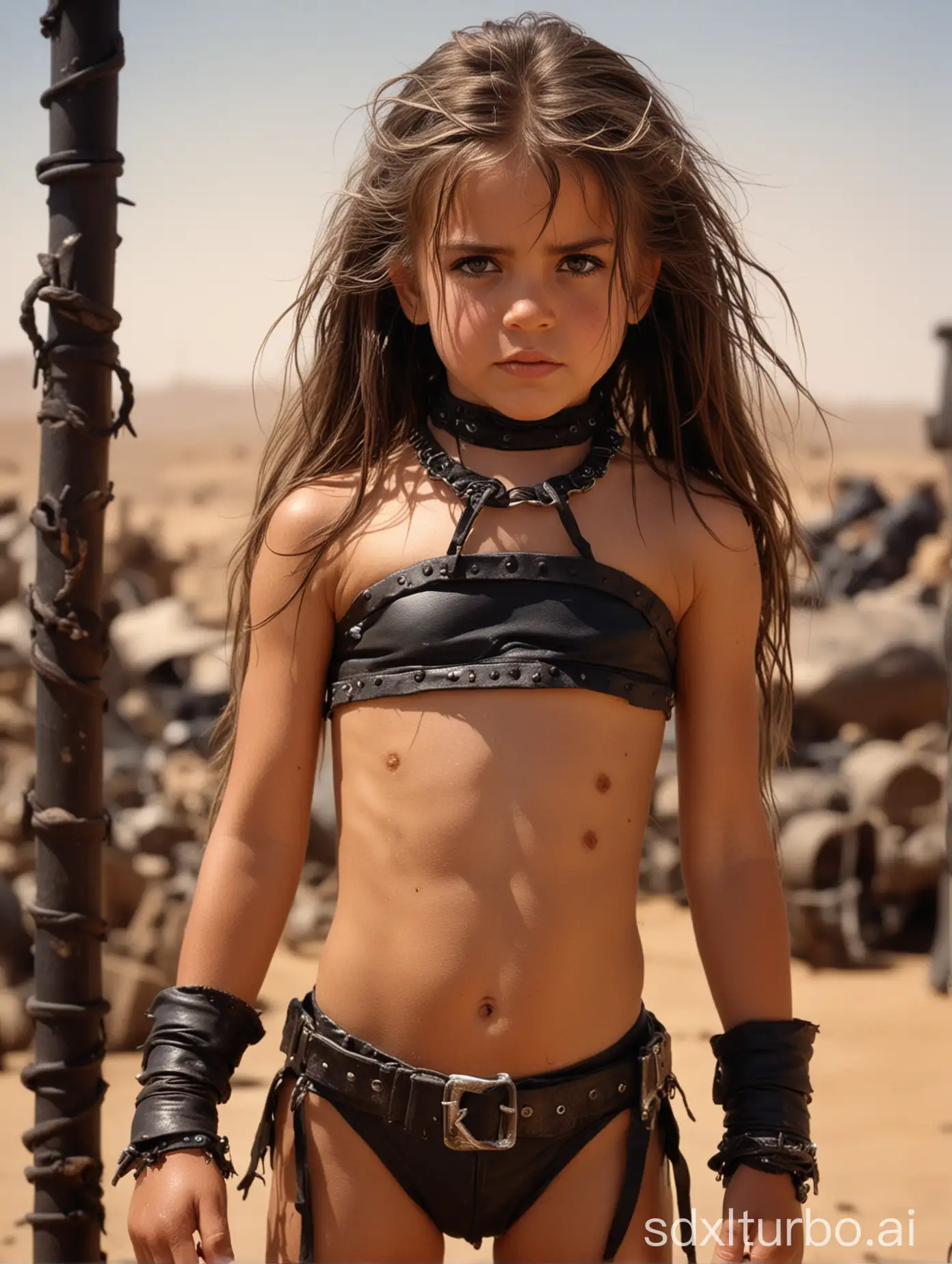 8 year old girl, leather bikini, choker, long hair, exteremely muscular abs, in Mad Max Beyond Thunderdome, tanned skin