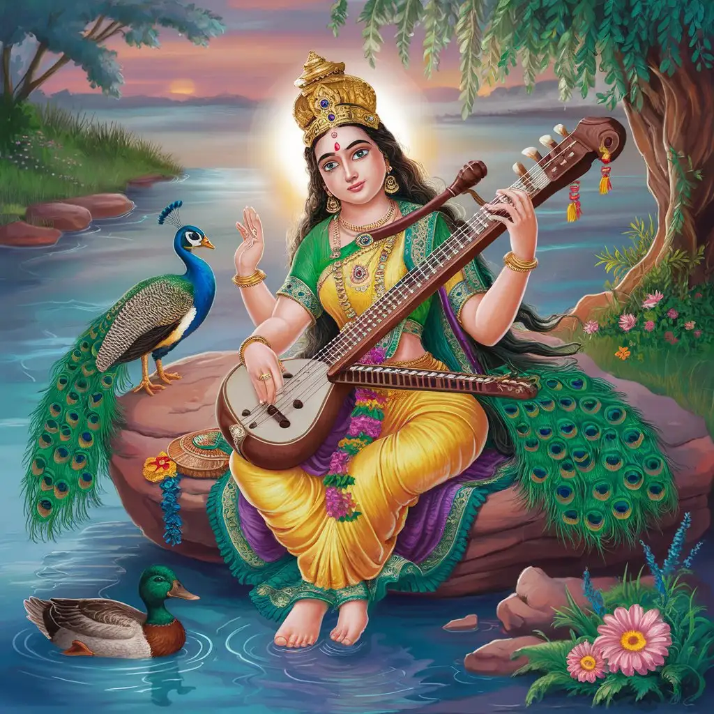 maa saraswati sitting on rock on the bank of river playing veensa where peacock and duck also joins maa saraswati