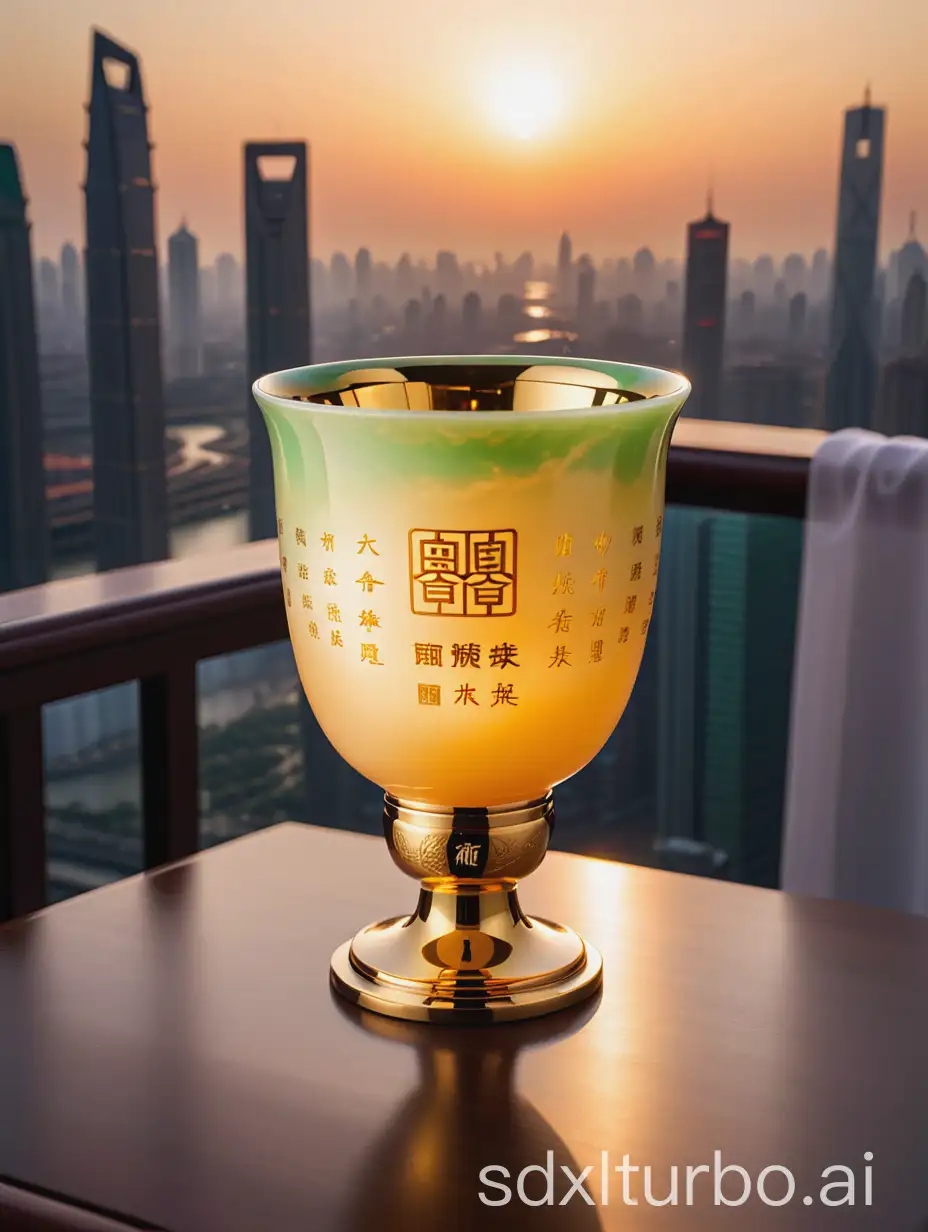 A luminous cup made of fine gold and jade, with the Chinese characters of the Shanghai Air Photography Association printed on it, is placed on the dining table at sunset.