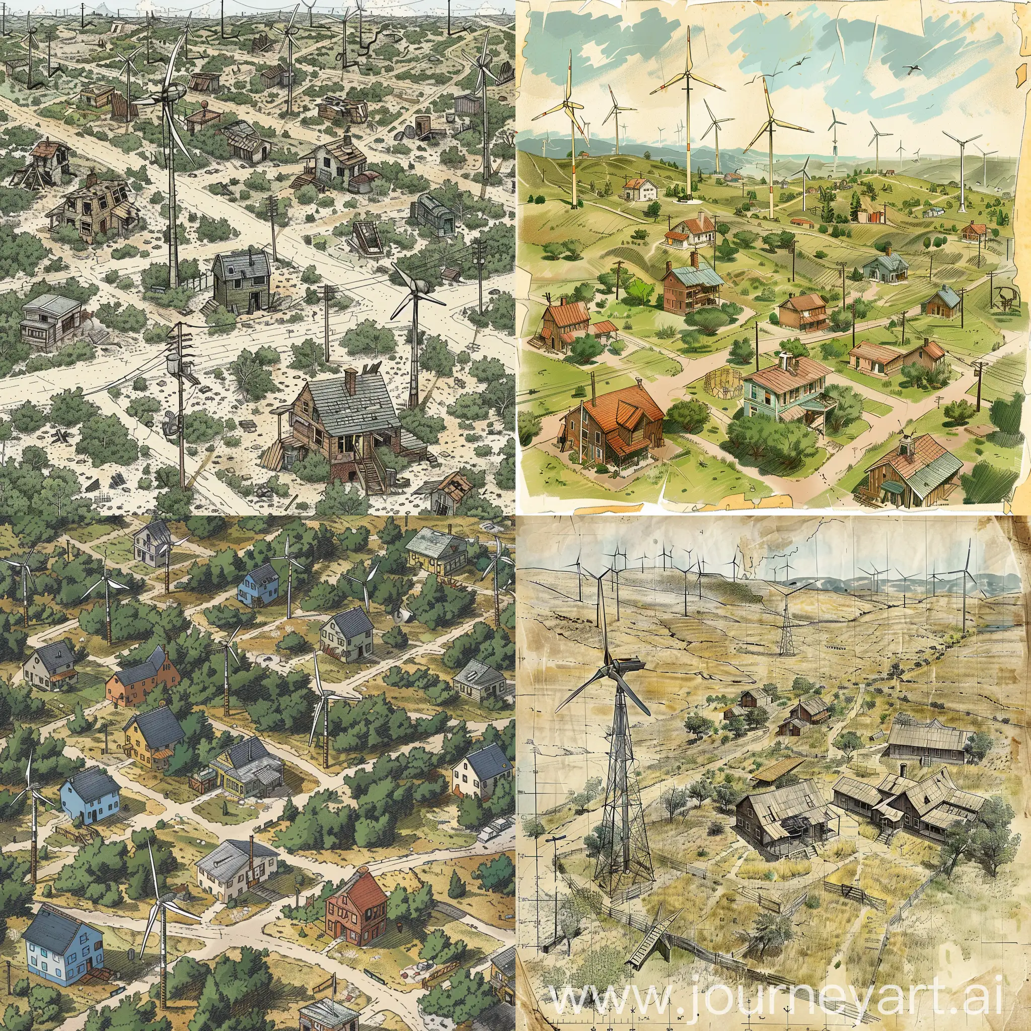 Futuristic-Texas-Birds-Eye-View-of-Windmills-and-Abandoned-Town-in-Schematic-Color-Map