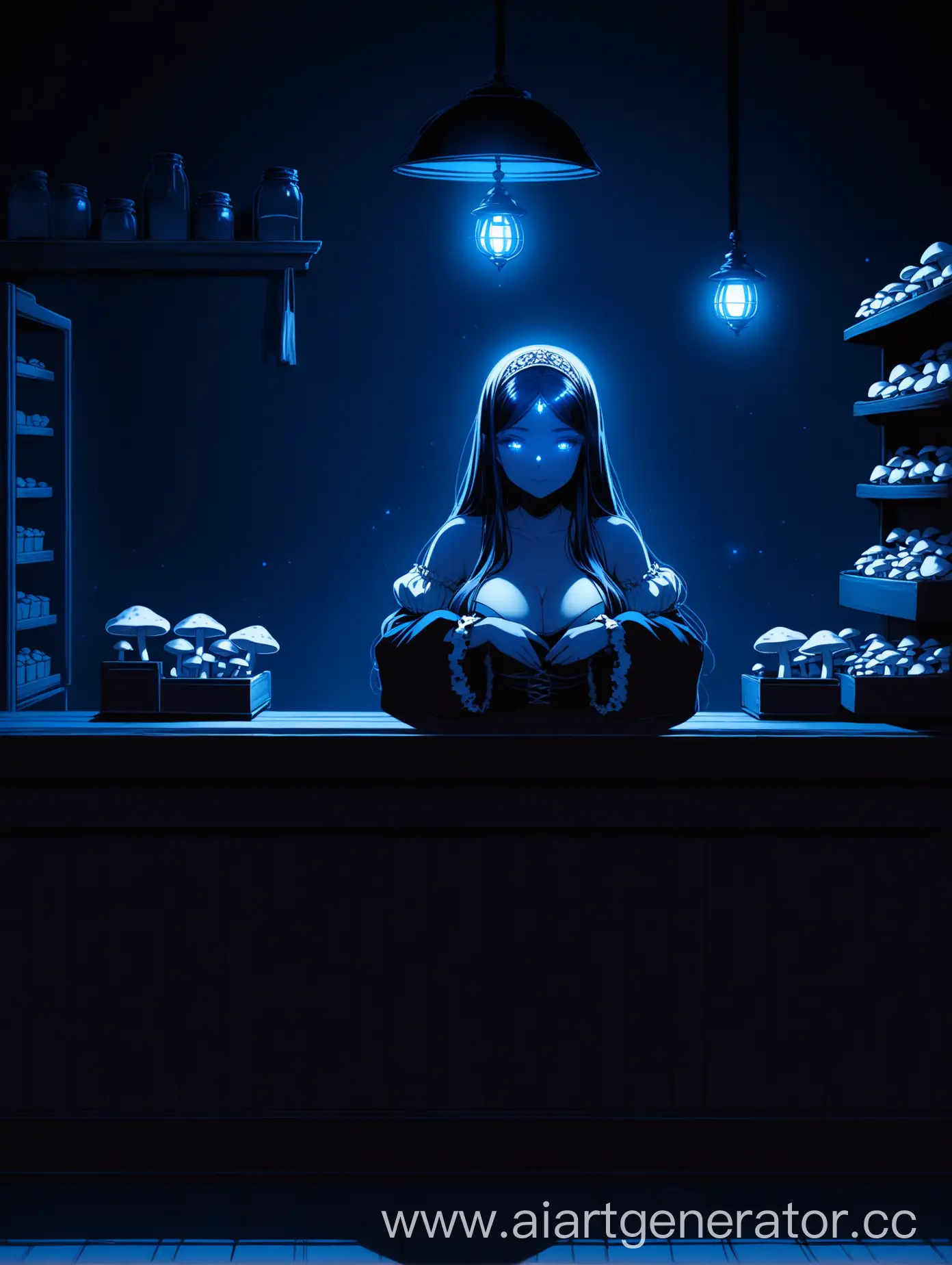 Innkeeper-MaidenMushroom-Sitting-at-Counter-in-Dark-Blue-Lighting