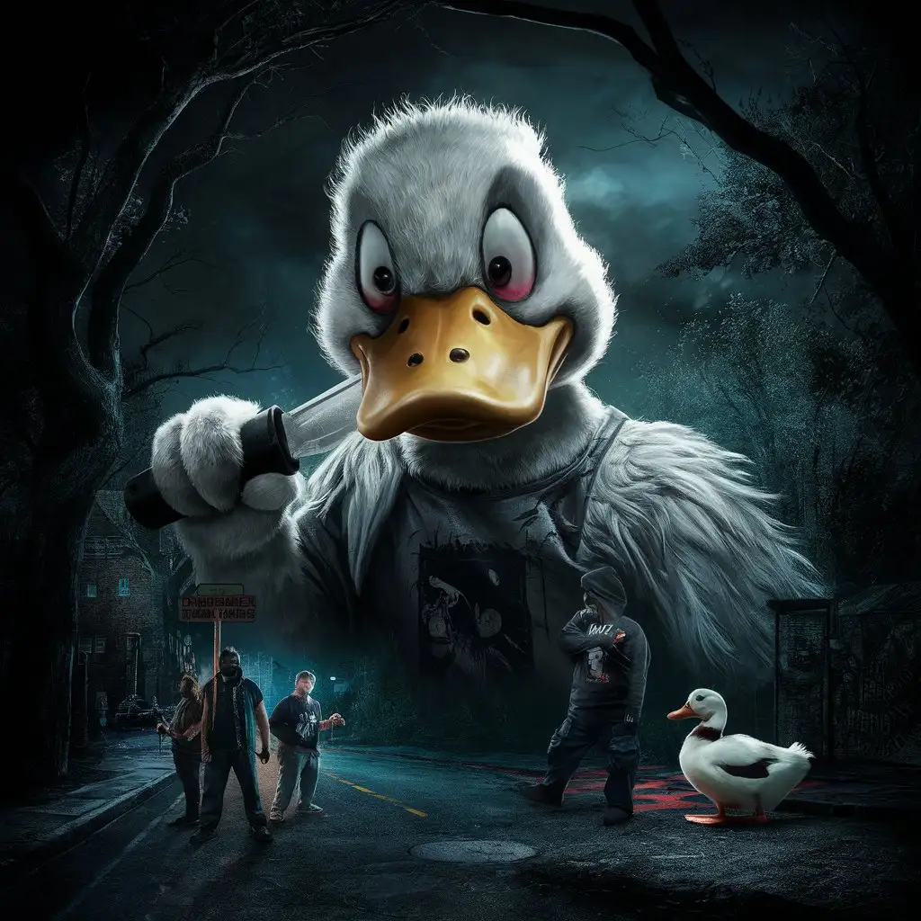 a close up of a duck with a knife in it's beak, horror game graphics, dark nature background, andrew tate, stock image, jeffrey epstein, 2 0 1 9, street gang, app, holding a white duck, roblox, by David Young Cameron, furry fandom, [ metal ], app icon, violence blood, stunningly realistic, hue
