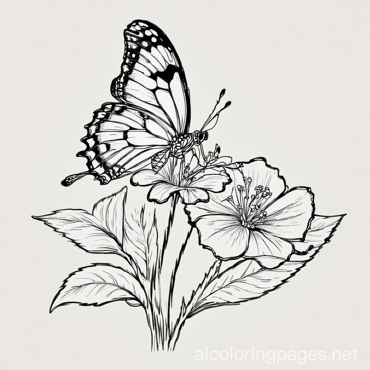 butterfly drinking from a flower, Coloring Page, black and white, line art, white background, Simplicity, Ample White Space. The background of the coloring page is plain white to make it easy for young children to color within the lines. The outlines of all the subjects are easy to distinguish, making it simple for kids to color without too much difficulty