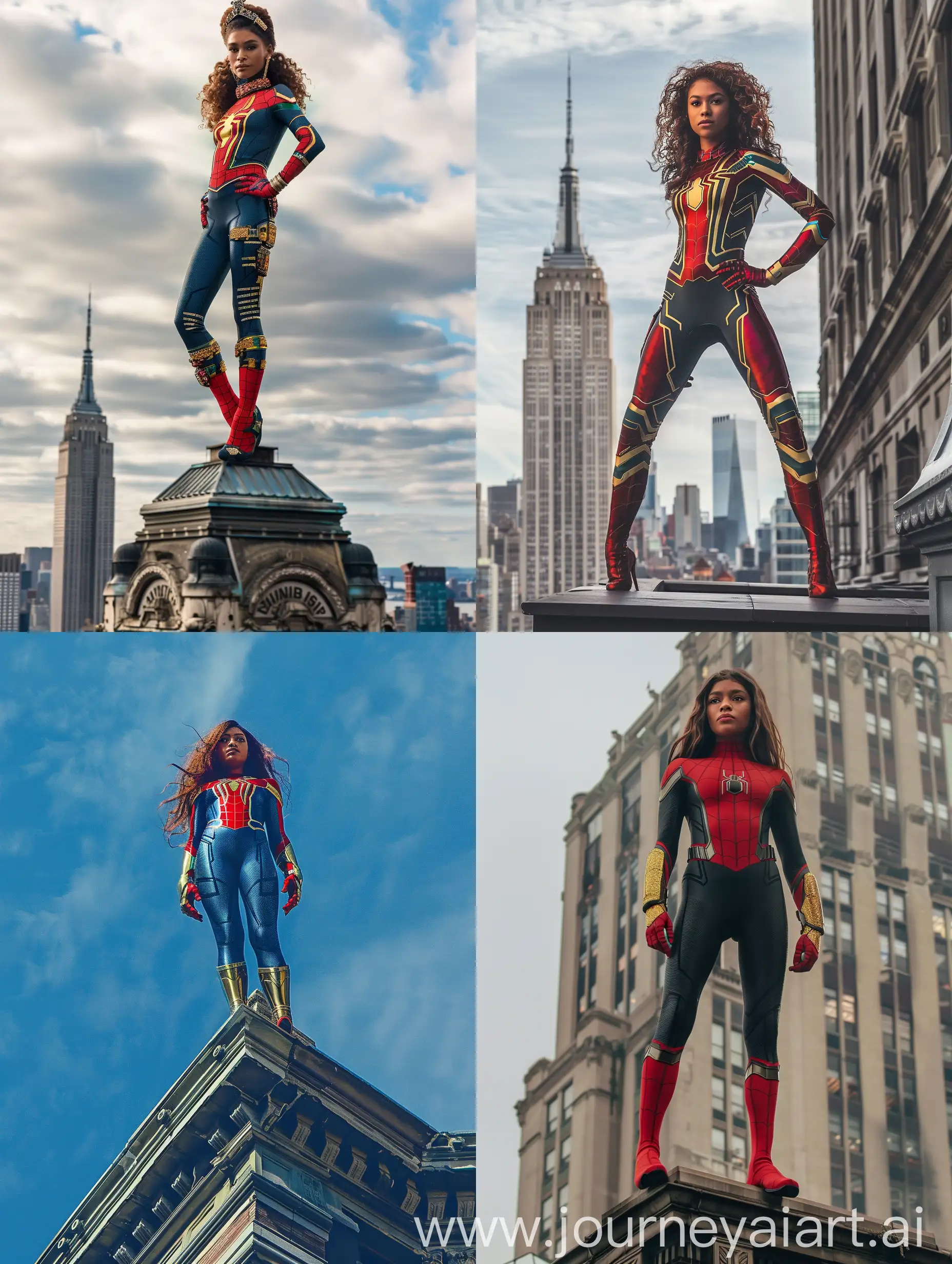 Zendaya as Spider-Girl, standing on top of a New York building