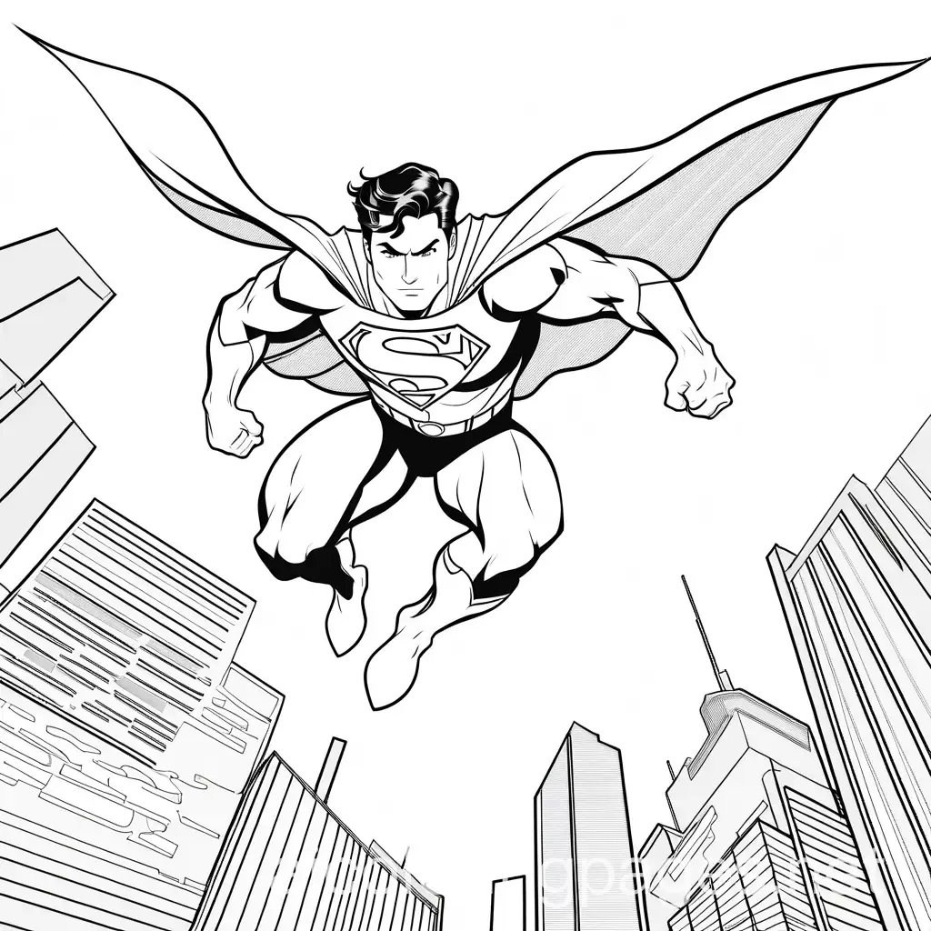 Super man  flying , Coloring Page, black and white, line art, white background, Simplicity, Ample White Space.