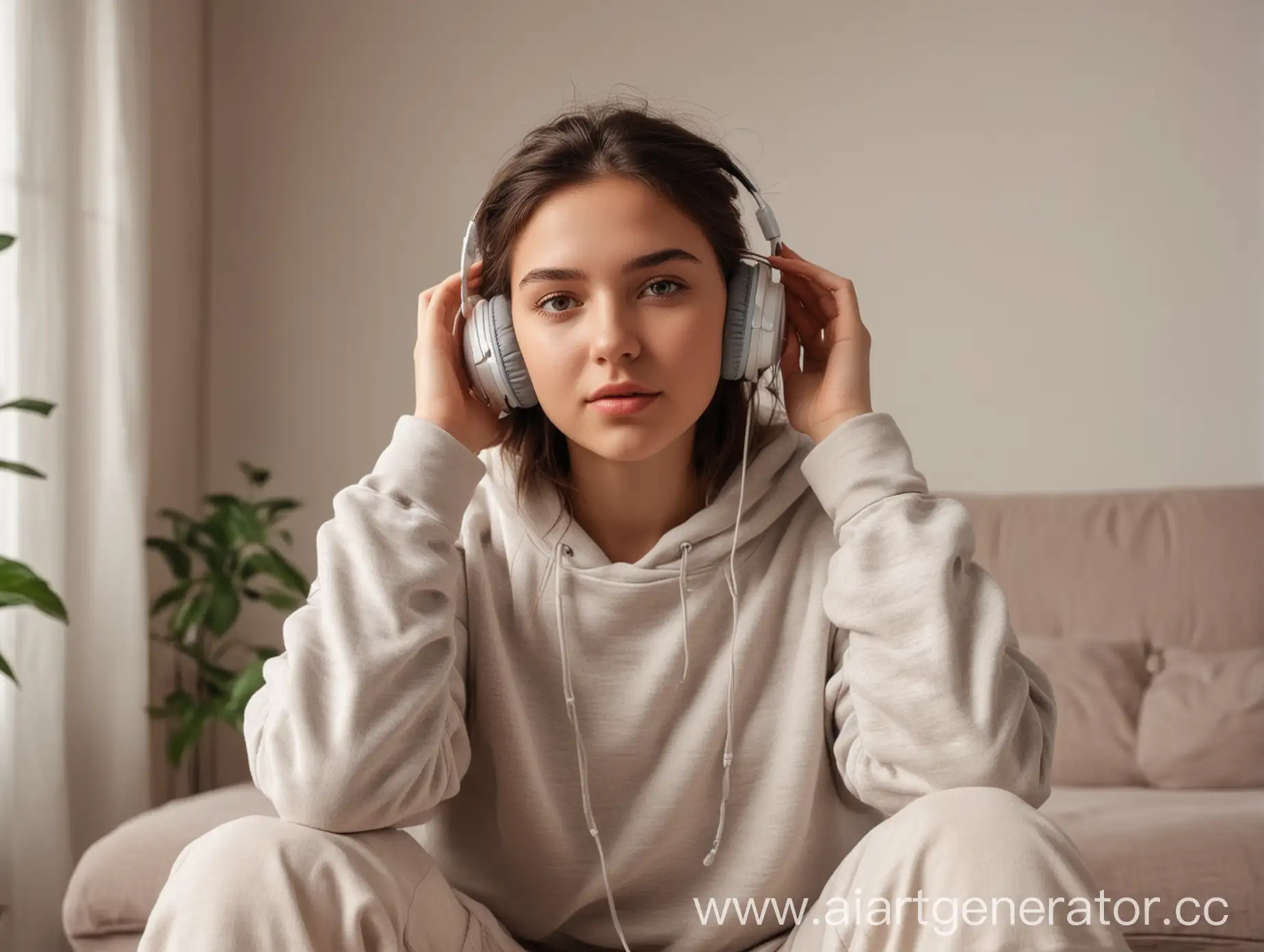 the home apartment is bright against the background, in front of us is a girl who is sitting with headphones on and listening to music. A beautiful young girl dressed in an oversize sweatshirt