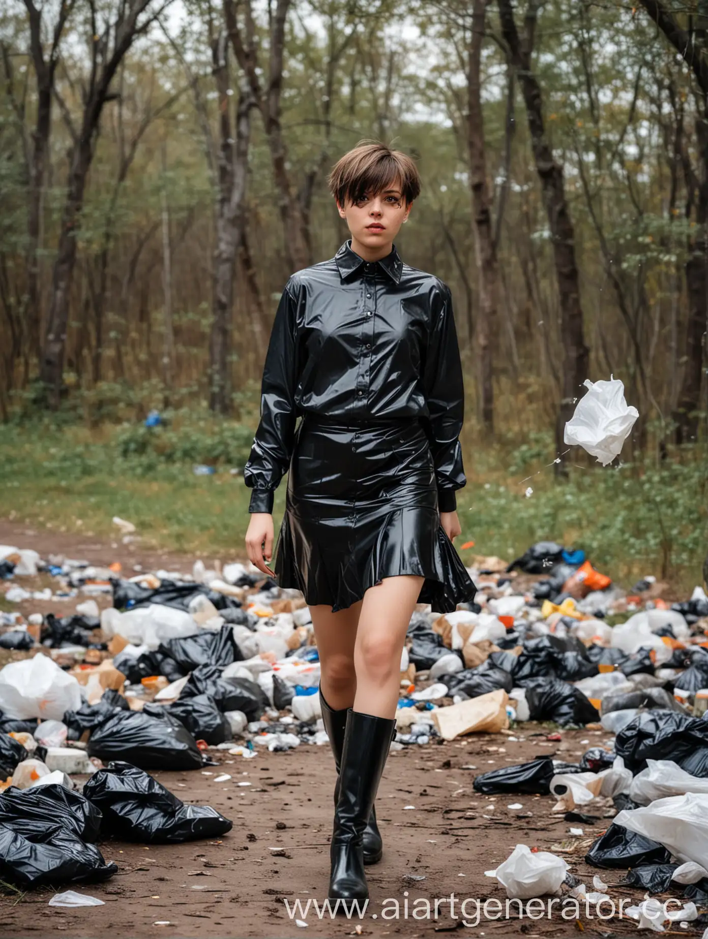 ShortHaired-Woman-in-Latex-Shirt-and-Mini-Skirt-Catching-a-Fly-amidst-Trash-Bags