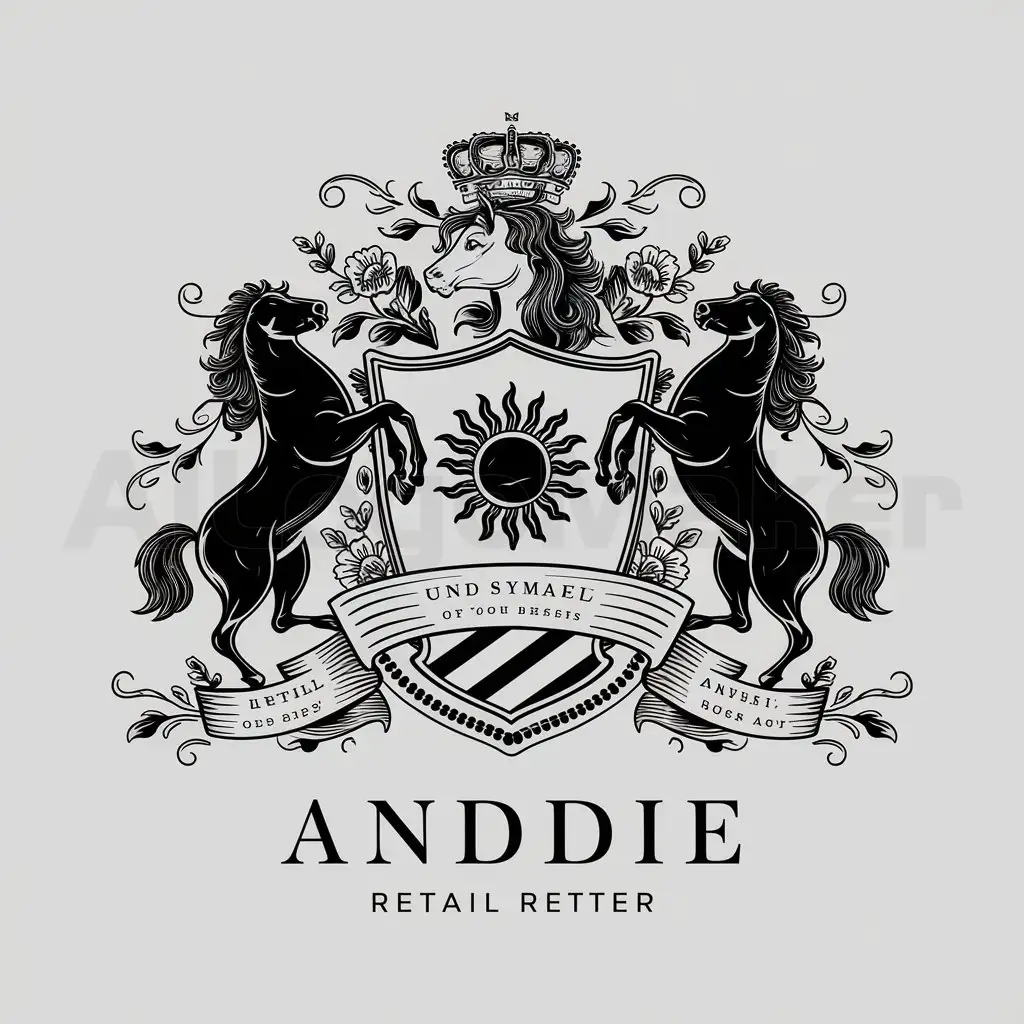a logo design,with the text "anddie", main symbol:Create a classic heraldic crest with - A sun symbol - Horses - Flowers - A crown at the top of the shield - Additional floral motifs around the shield - Black and white color scheme - Some parts with striped or dotted filigree for an antique look - with old money style,complex,be used in Retail industry,clear background