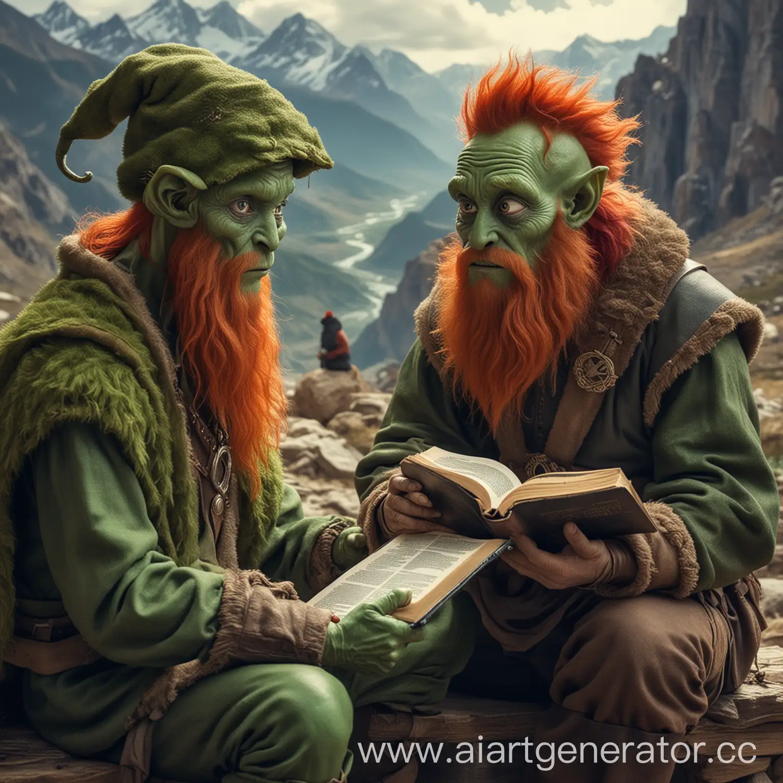 Инопланетянин с большими глазами и зеленой кожей читает Библию мужчине с рыжей бородой и в меховой шапке, сидящему рядом с ним в горах