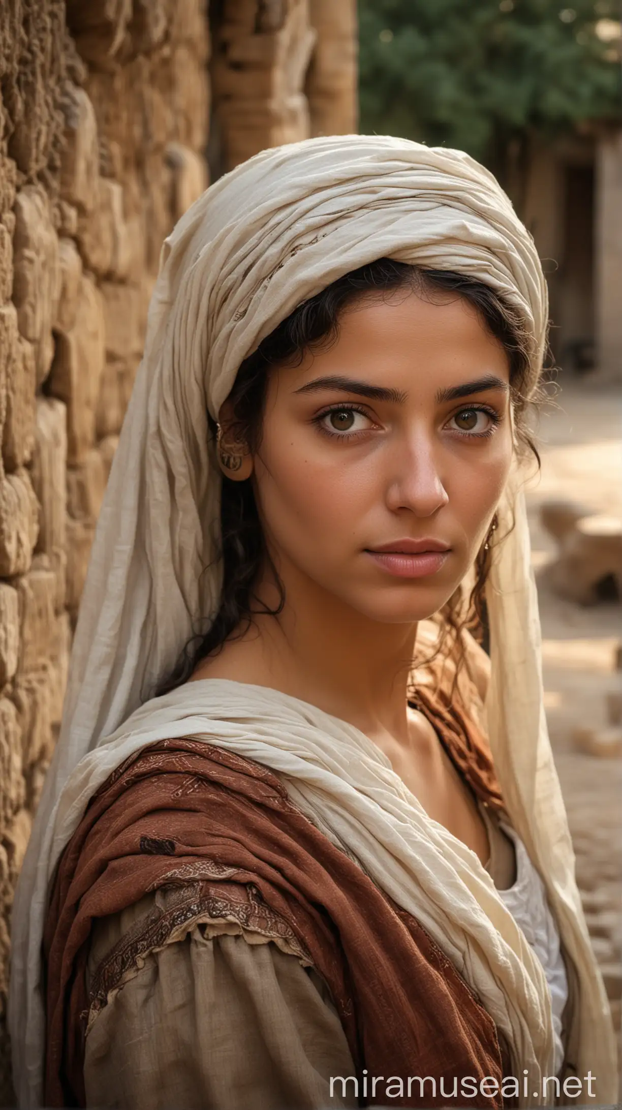 A serene portrait of Bilhah, a woman from 18th century BC, with a calm and timid expression. The scene is set in an ancient Hebrew village, capturing the historical atmosphere."In ancient world 