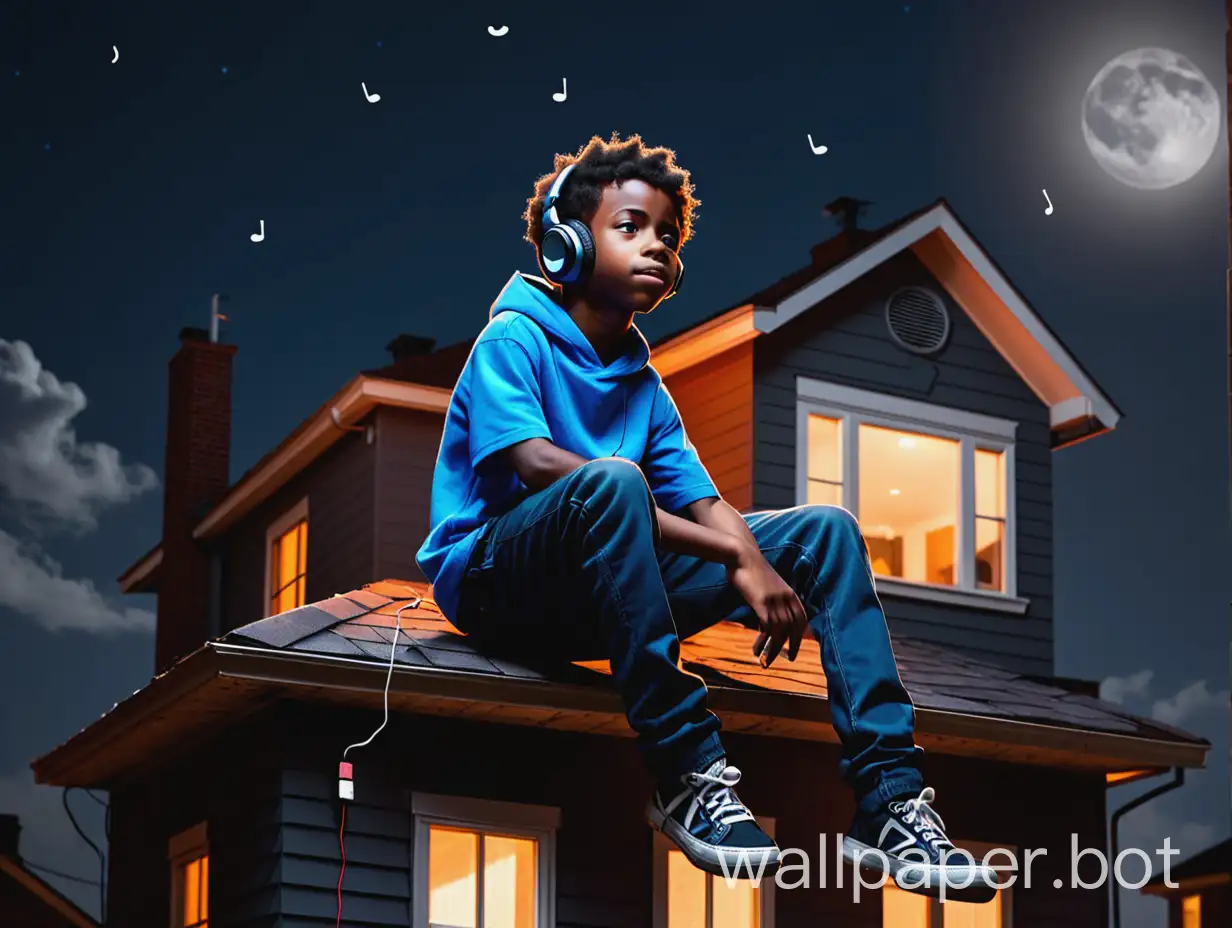 black Boy on top of house listening to music at night