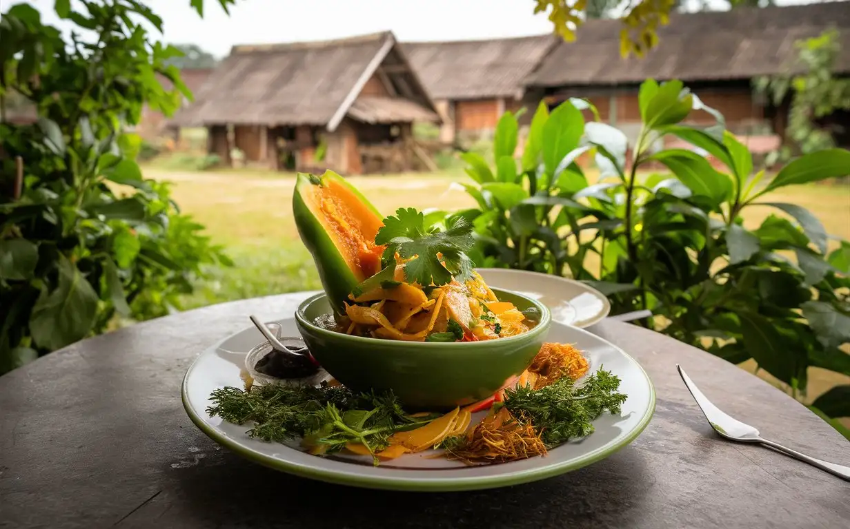 A delicate Thai green papaya salad on an outdoor dining table with Thai rural charm, photographed in a natural style with soft daylight, a high-angle shot, and a natural composition, showcasing the freshness of the salad and Thai vibes.