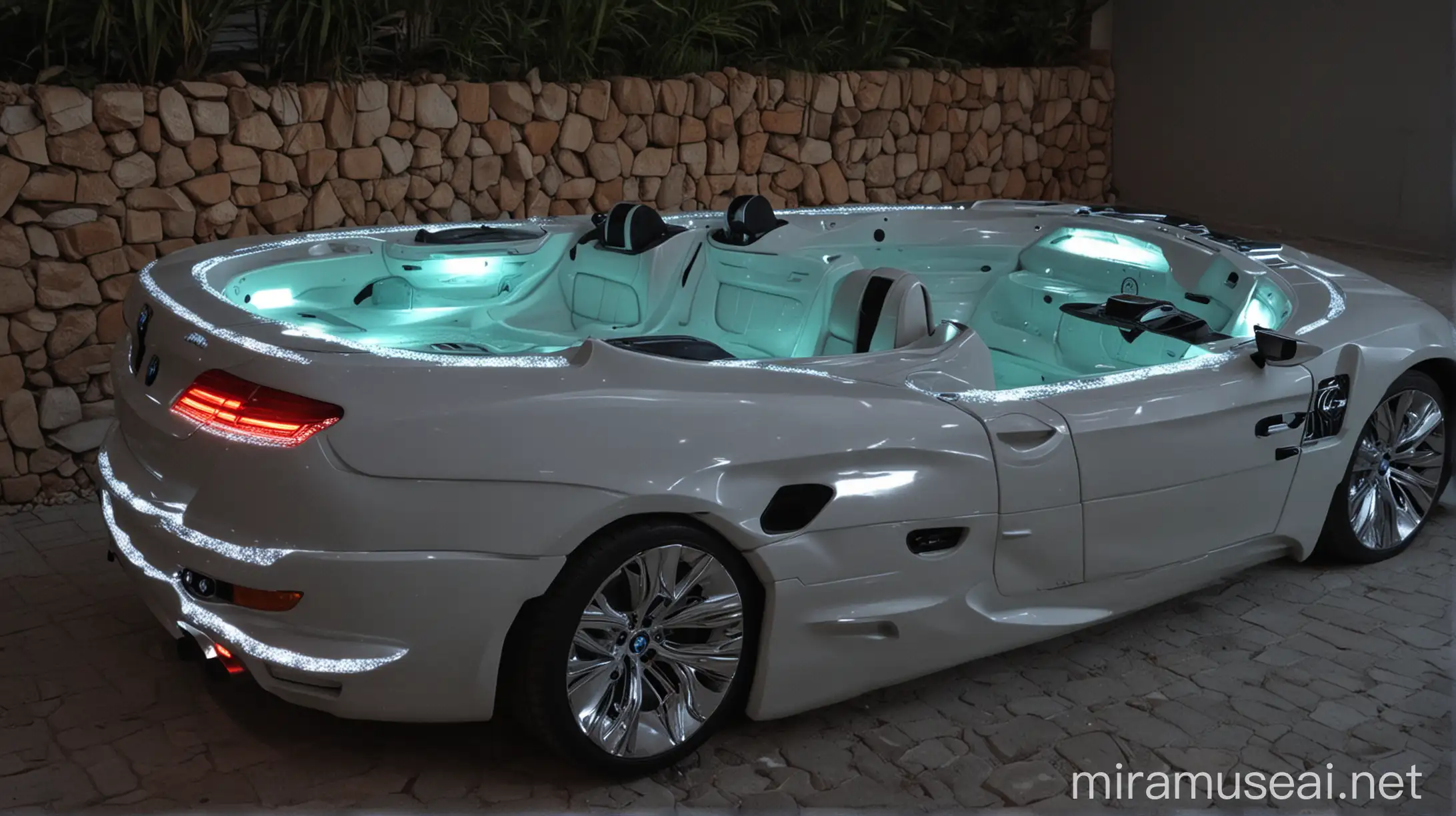 Jacuzzi in the shape of a bmw car with headlights on