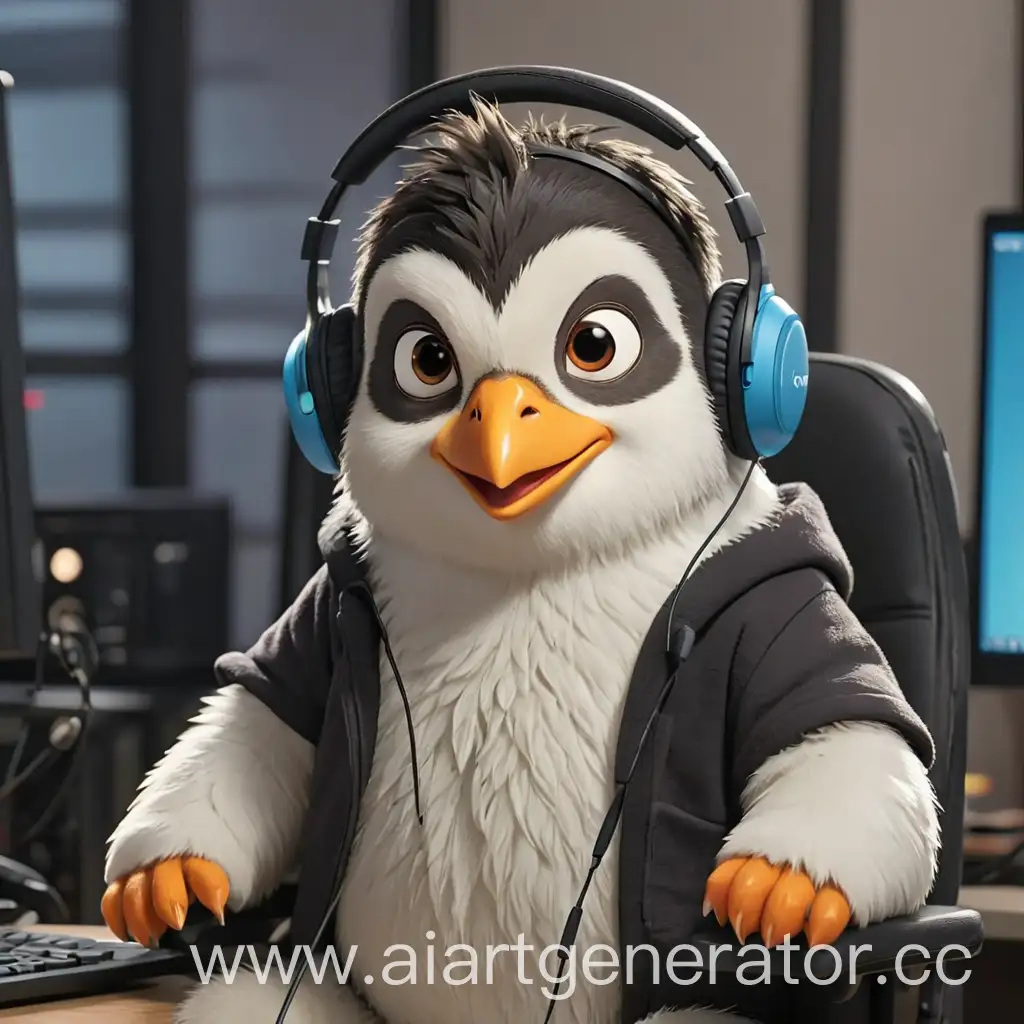 пингвиненок стример сидит в кресле за компьютером в наушниках с микрофоном
