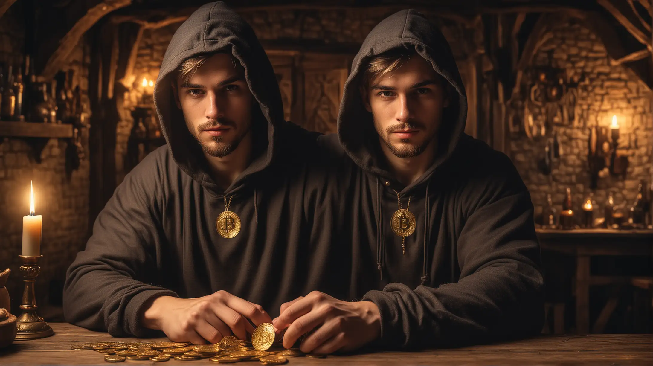 Mysterious Hooded Gambler in Medieval Tavern Betting Gold Bitcoins