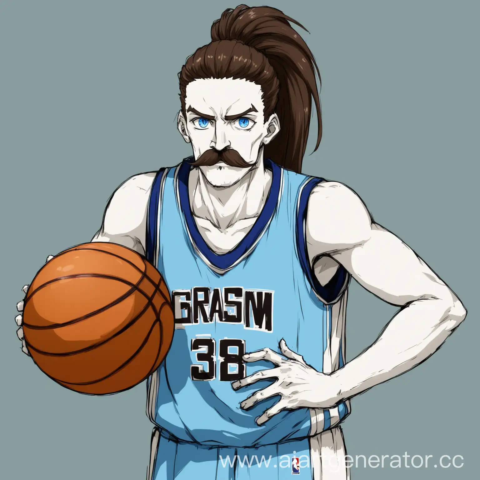 Высокий, широкий баскетболист, с белой кожей, длинные волосы в пучке, усы, голубые глаза, коричневые волосы, стиль аниме