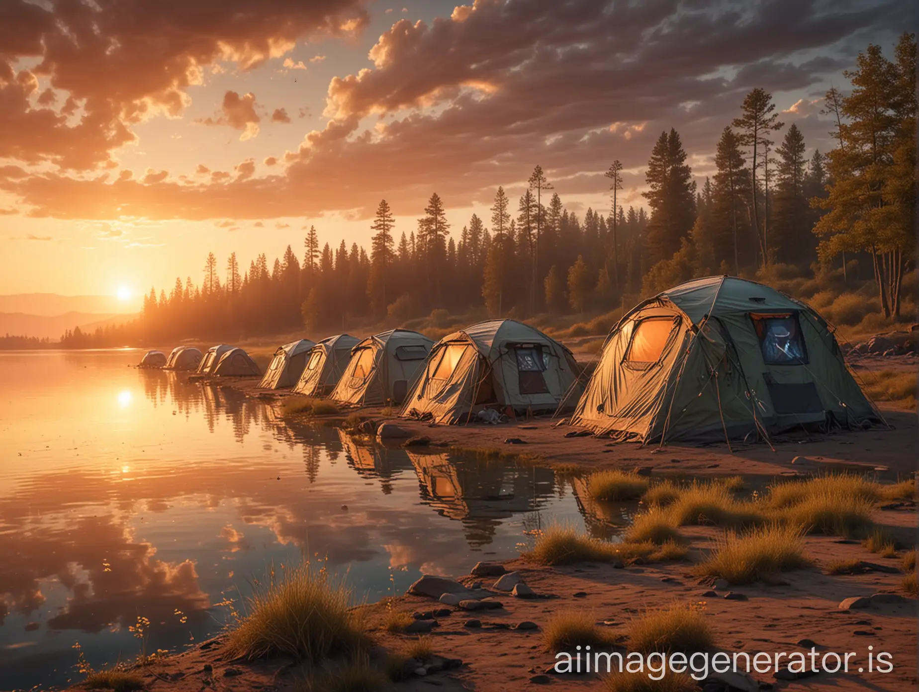 4900 year world that has been invaded by aliens. Robots camping tents on the shore of a lake at sunset