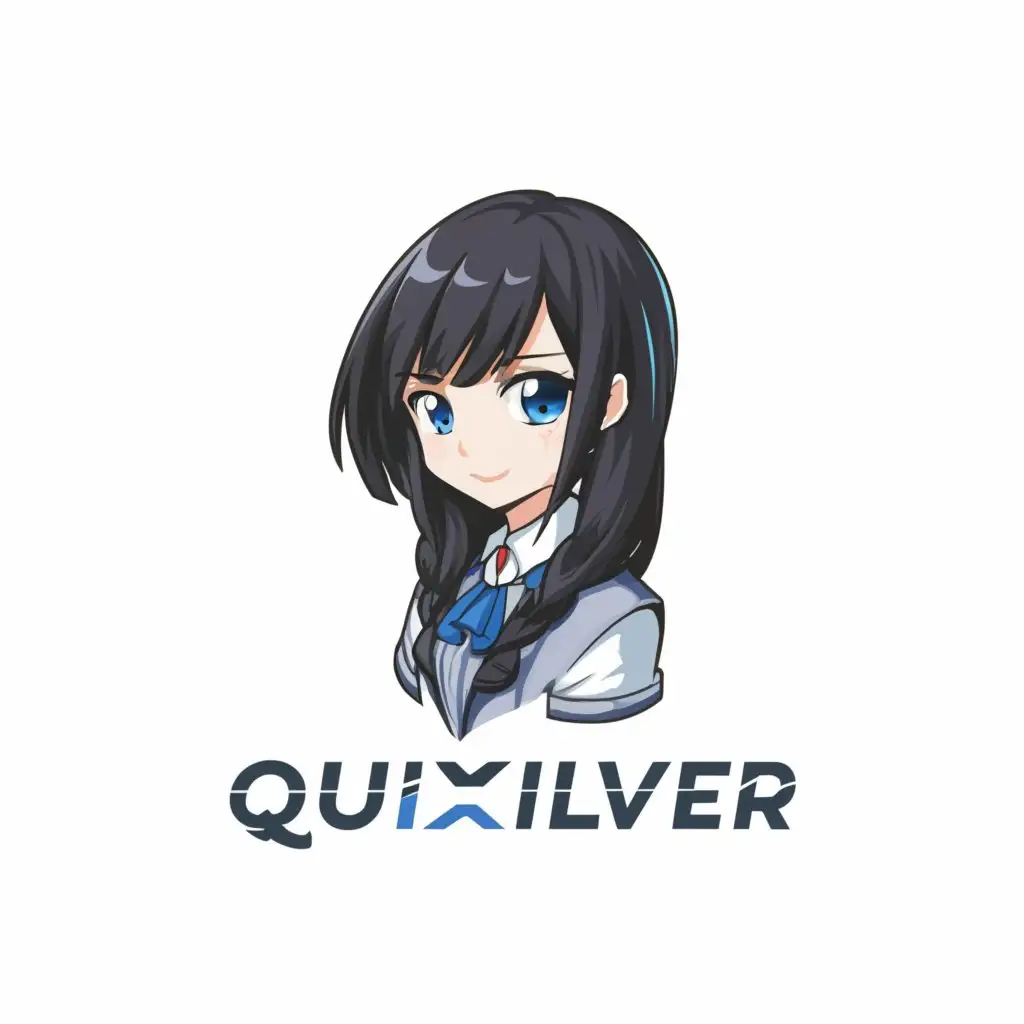 a logo design,with the text 'quixilver', main symbol:cute anime girl with long black hair and blue eyes,Moderate, be used in Others industry, clear background