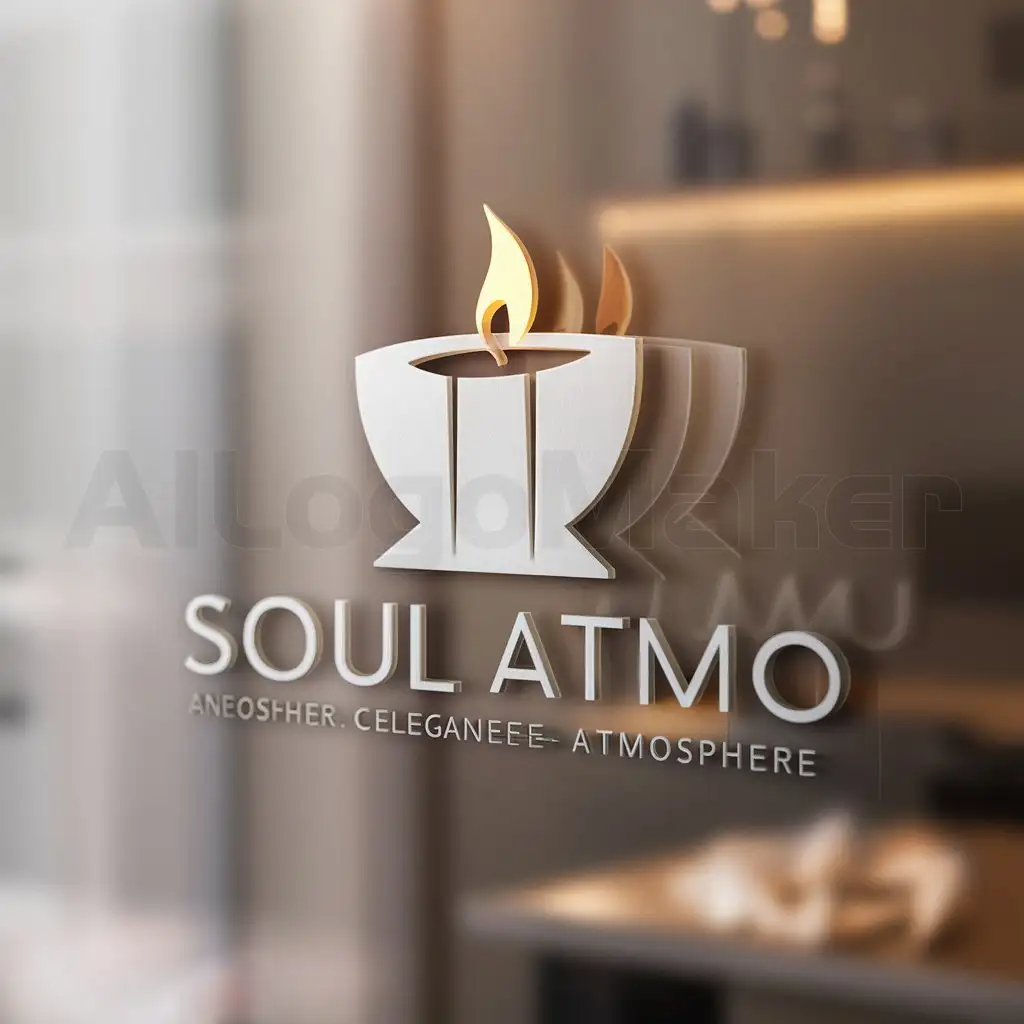 a logo design,with the text "Soul Atmo", main symbol:hot candle in gypsum candlestick,Minimalistic,be used in your atmosphere industry,clear background