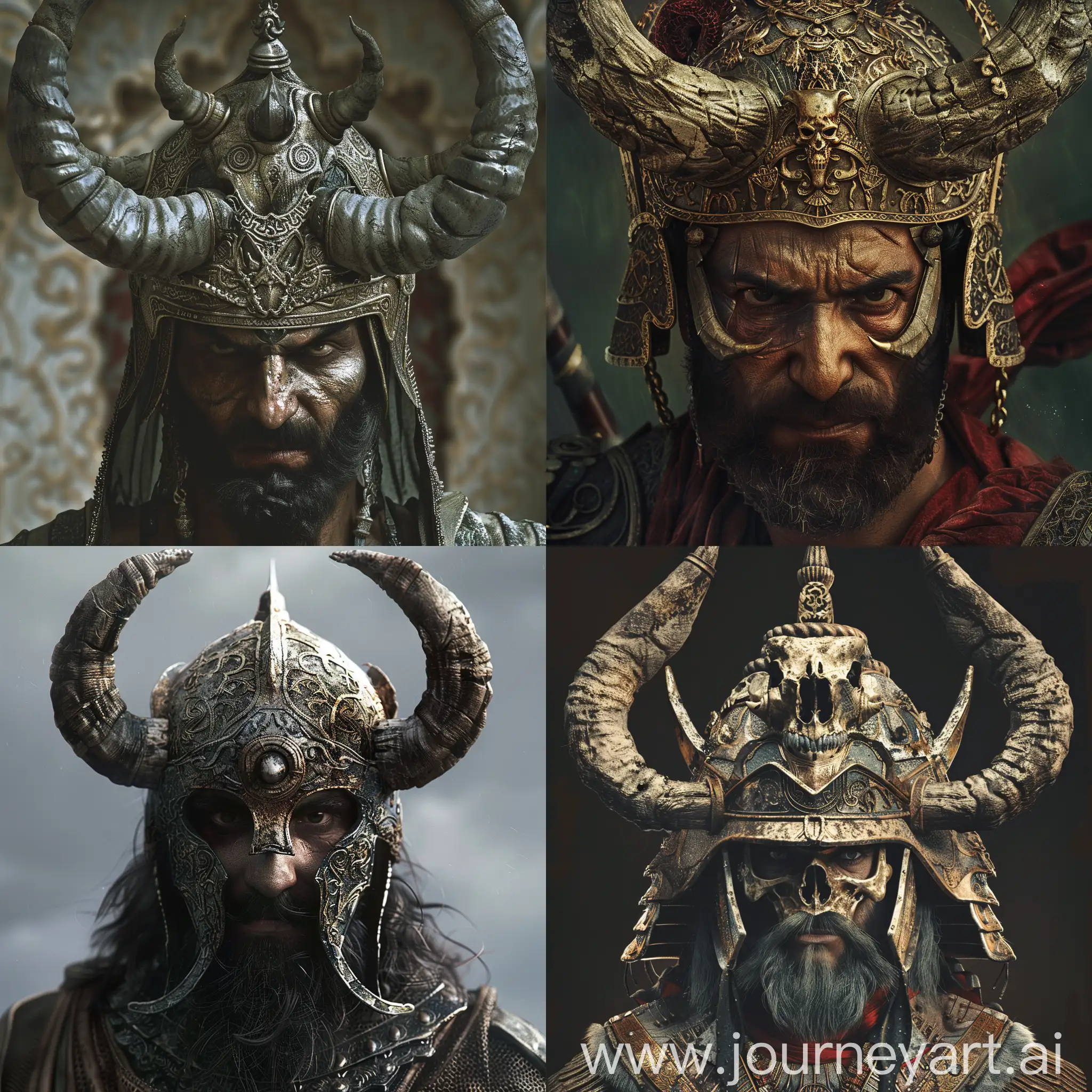 Based on the data available on the Persian web, reconstruct for me the face of a Persian man named Rostam Dostan, the legend of the Shahnameh warrior. A helmet made from the skull of a horned demon