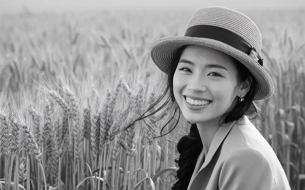professional photo of young Vietnam woman without makeup, in a hat, happy. russian field of wheat on a background