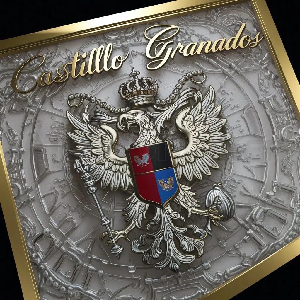 a logo design,with the text "Castillo Granados", main symbol:I want a metallic logo similar to the shields of powerful families from the medieval era with eagle, red, black and blue colors, golden and silver outlines and no text, only the main text,complex,clear background