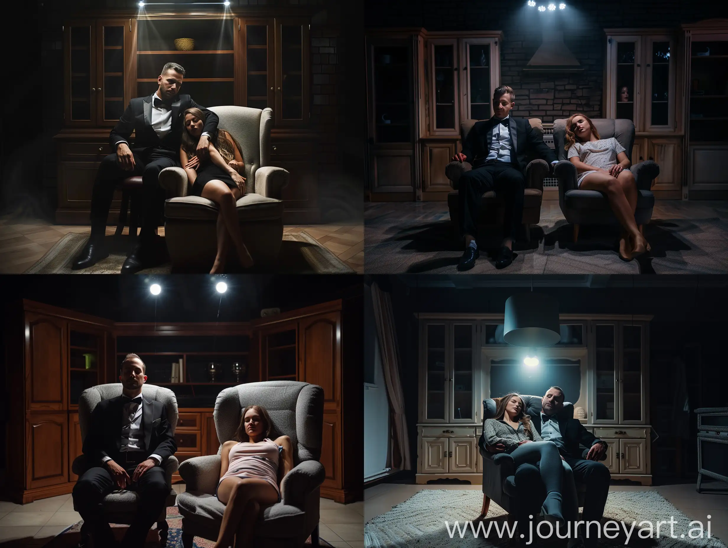 hypnotist therapist wearing tuxedo and his female subject asleep sitting on armchair, inside cabinet room, dark room with point lighting