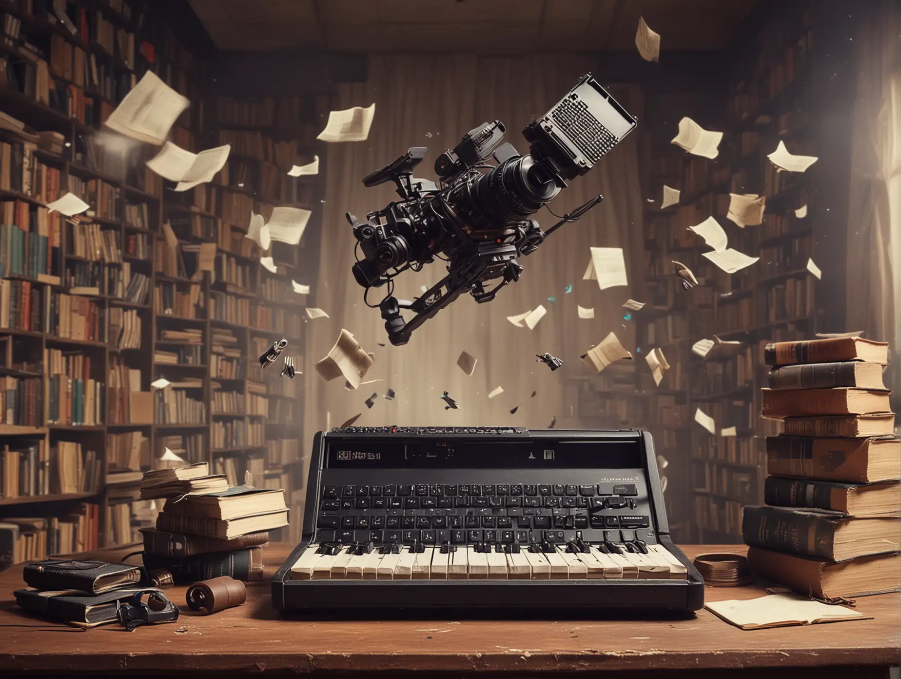 Creative Studio Scene with Flying Movie Camera and Musical Inspiration