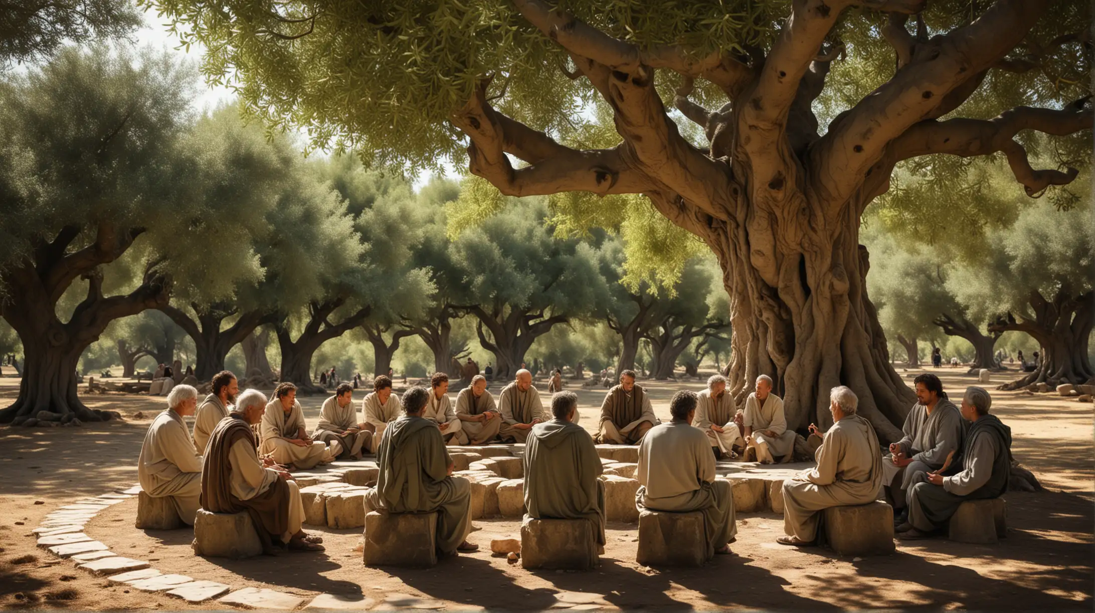 General Visualization: Generate visuals of a group of stoic philosophers engaging in thoughtful discussion under the shade of an ancient olive tree, their faces animated with intellectual curiosity.
Image Description: The image depicts a circle of stoic philosophers gathered around the trunk of a majestic olive tree. They sit on stone benches, engaged in lively conversation and debate. Each philosopher gestures emphatically as they share their insights and perspectives, their faces illuminated by the dappled sunlight filtering through the tree's branches.