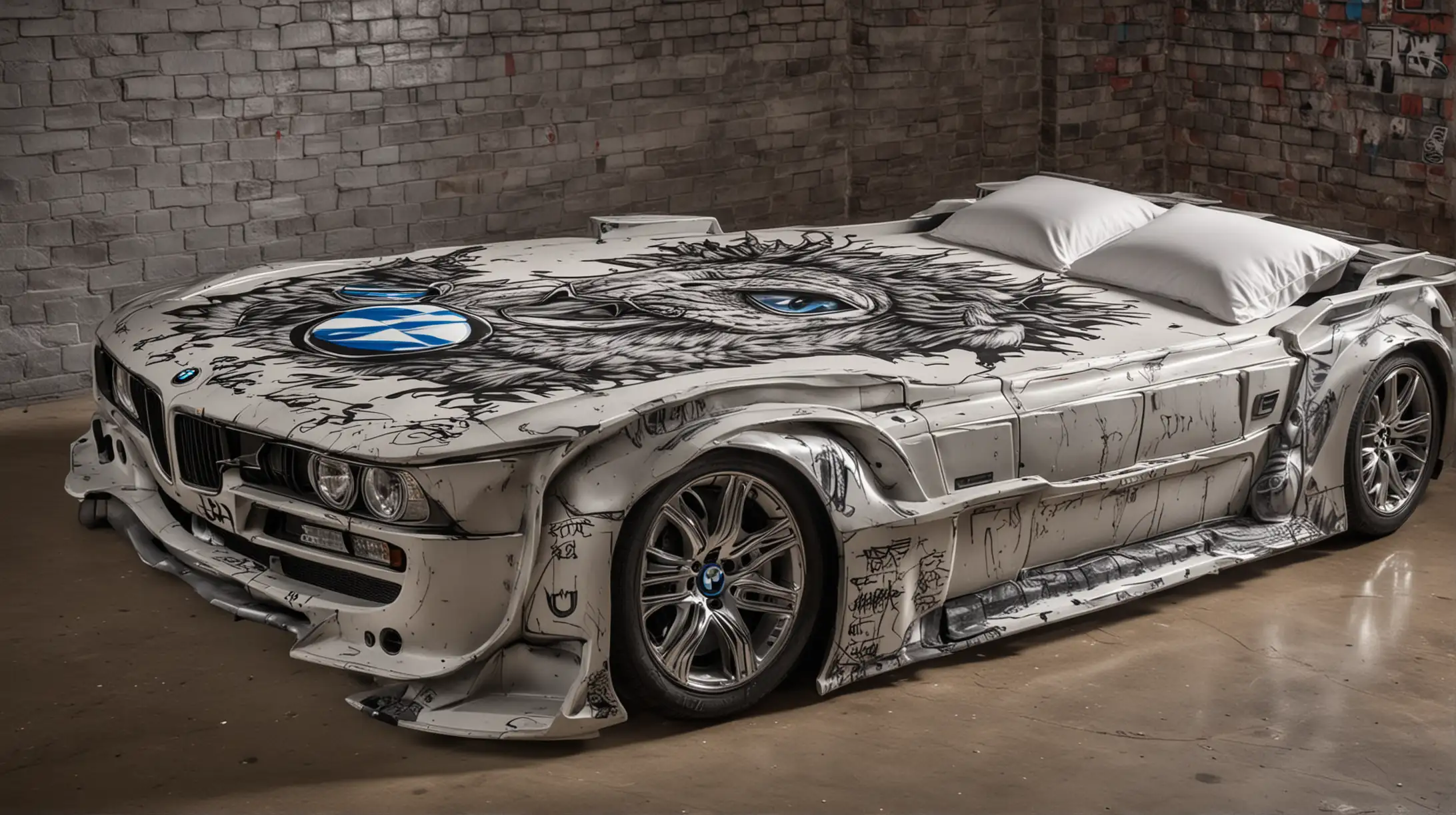 Double bed in the shape of a BMW car with headlights on and with dragon graffiti