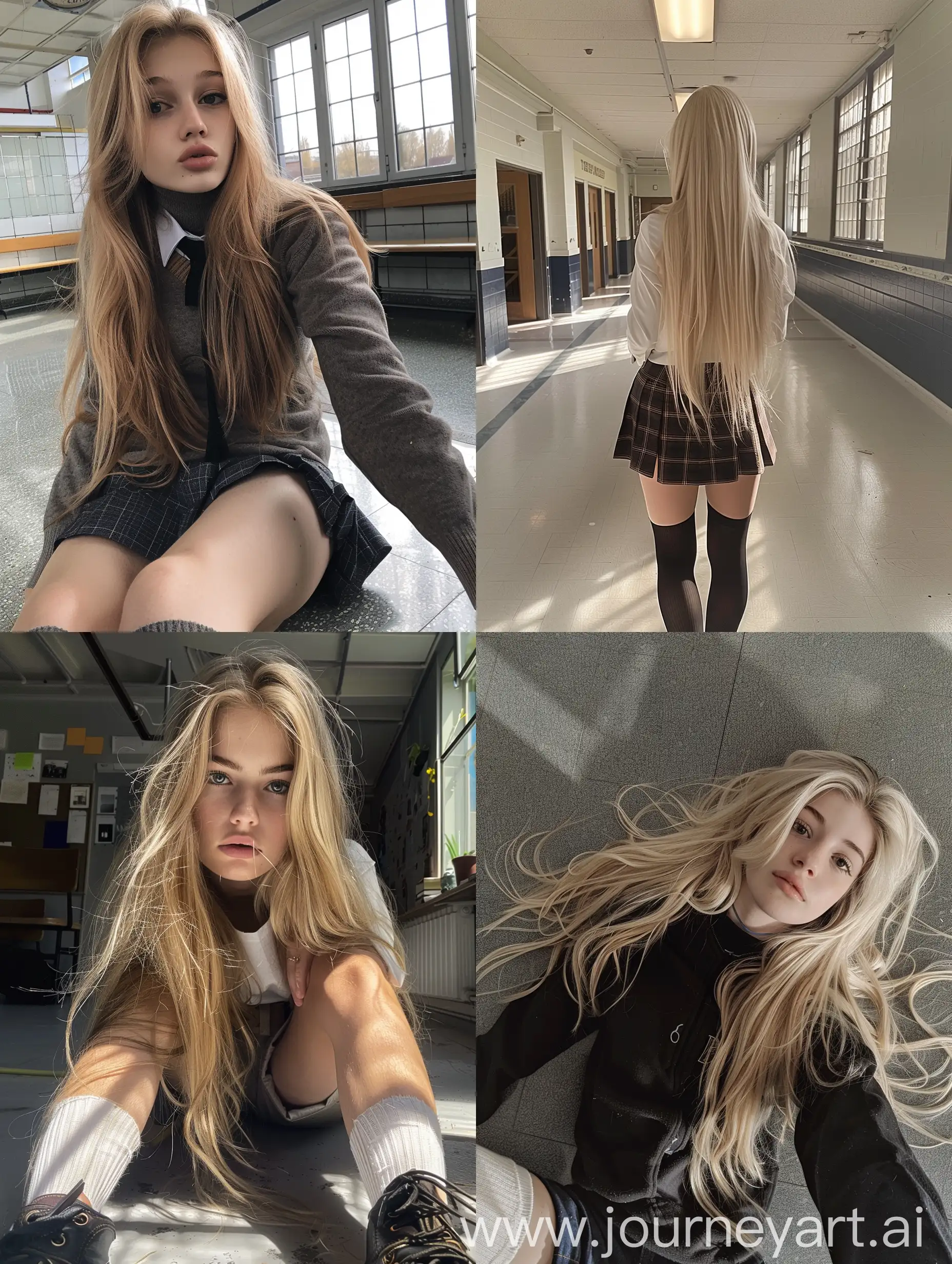 1 girl, long blond hair , 22 years old, influencer, beauty , back, down view,  in the school ,  school  uniform , makeup, floor view,  , socks and boots, no effect, selfie , iphone selfie, no filters , iphone photo natural